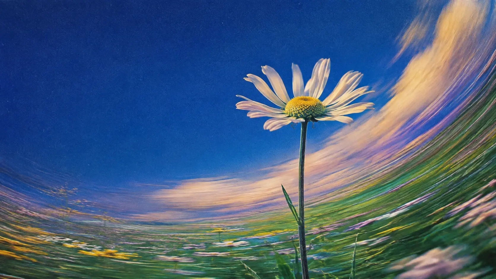 One enormous delicate white daisy growing impossibly tall from a vast surreal meadow, its thin stem rising toward the center of a deep cobalt-blue sky, the surrounding green landscape flowing sideways in long curved painterly streaks, peach and golden clouds sweeping dramatically behind the flower like a giant wave, tiny scattered flowers disappearing into the distance, the single flower appearing fragile against the immense sky. Surreal cinematic fine-art landscape, dreamlike impossible environment, deep cobalt blue and indigo atmosphere, warm peach, amber and dusty orange highlights, sweeping fluid brushstrokes and long-exposure-like curved motion trails, painterly textured surface, subtle analog film grain, soft glowing light, slightly vintage photographic print, ethereal atmospheric perspective, minimal composition, enormous sense of scale, poetic solitude, realistic subject rendered within an impossible world, no text, no typography, no frame, portrait orientation, 4:5.