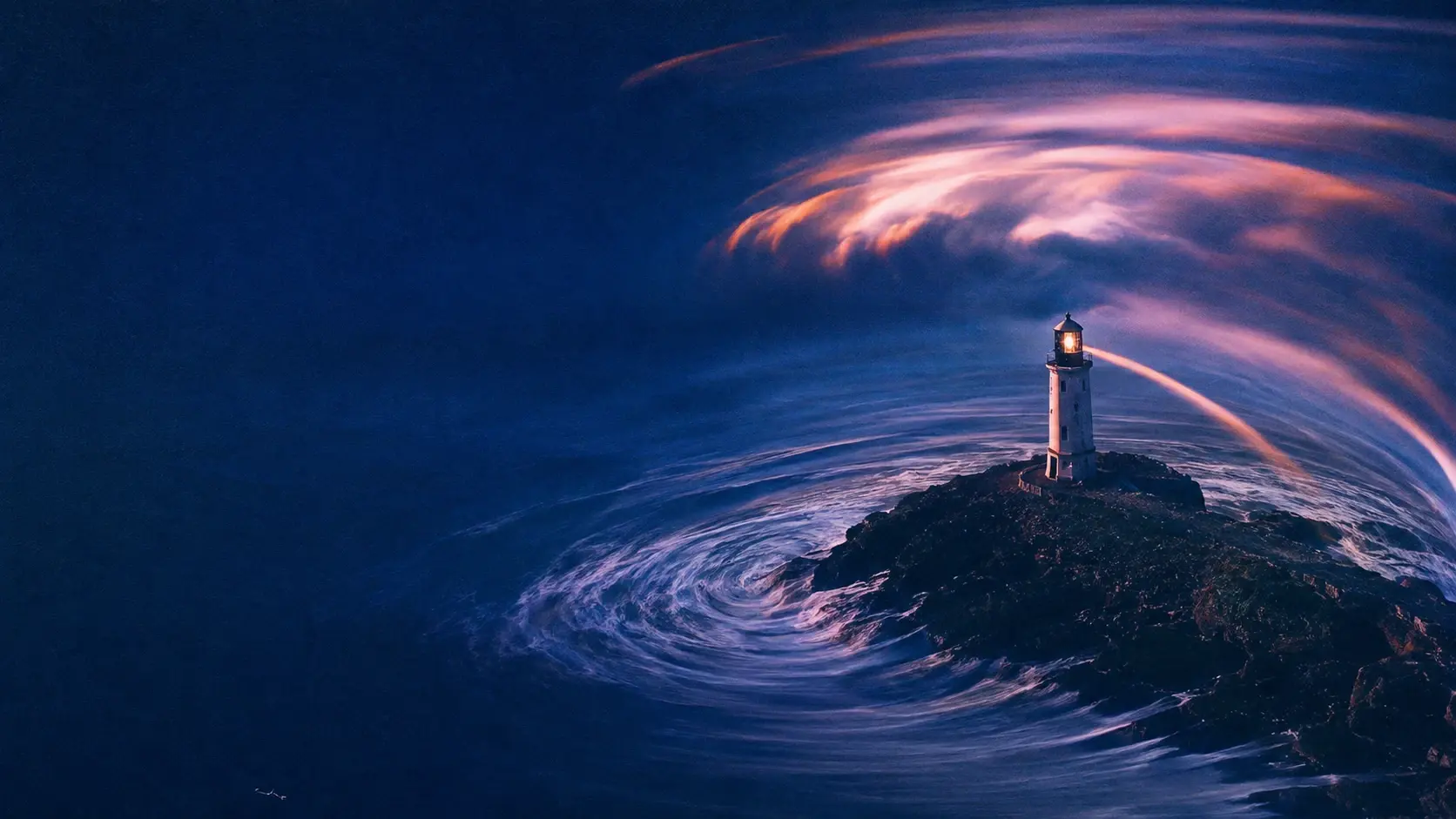 A solitary old lighthouse standing on a tiny dark rocky island surrounded by an infinite surreal ocean, enormous circular currents of deep indigo and cobalt water spiraling around the island, luminous peach and lavender cloud trails forming concentric arcs through the night sky, a tiny warm light glowing from the lighthouse lantern room, vast empty dark space on the left, mysterious cinematic atmosphere, feeling of guidance and isolation. Surreal cinematic fine-art landscape, dreamlike impossible environment, deep cobalt blue and indigo atmosphere, warm peach, amber and dusty orange highlights, sweeping fluid brushstrokes and long-exposure-like curved motion trails, painterly textured surface, subtle analog film grain, soft glowing light, slightly vintage photographic print, ethereal atmospheric perspective, minimal composition, enormous sense of scale, poetic solitude, realistic subject rendered within an impossible world, no text, no typography, no frame, portrait orientation, 4:5.