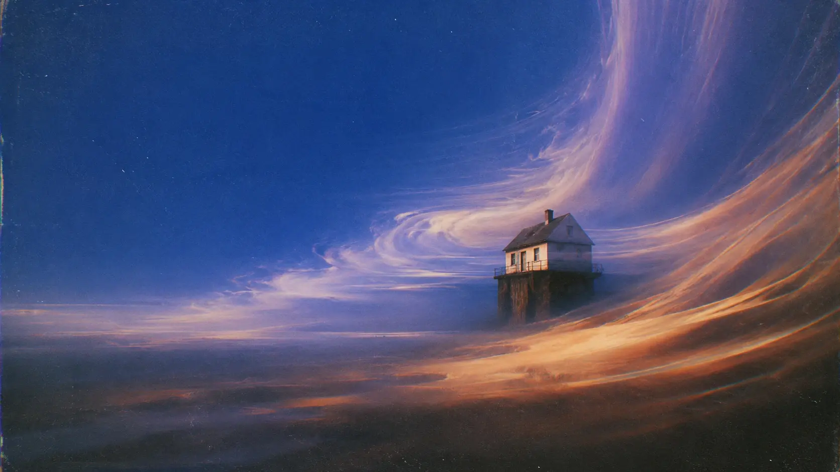 A tiny isolated weathered house standing impossibly on a narrow elevated rock formation above an endless dreamlike landscape, deep cobalt-blue sky occupying most of the portrait frame, enormous peach, amber and lavender cloud currents sweeping upward around the house like a cosmic river, warm light glowing softly from one small window, distant landscape dissolving into haze, surreal feeling of solitude and belonging nowhere. Surreal cinematic fine-art landscape, dreamlike impossible environment, deep cobalt blue and indigo atmosphere, warm peach, amber and dusty orange highlights, sweeping fluid brushstrokes and long-exposure-like curved motion trails, painterly textured surface, subtle analog film grain, soft glowing light, slightly vintage photographic print, ethereal atmospheric perspective, minimal composition, enormous sense of scale, poetic solitude, realistic subject rendered within an impossible world, no text, no typography, no frame, portrait orientation, 4:5.