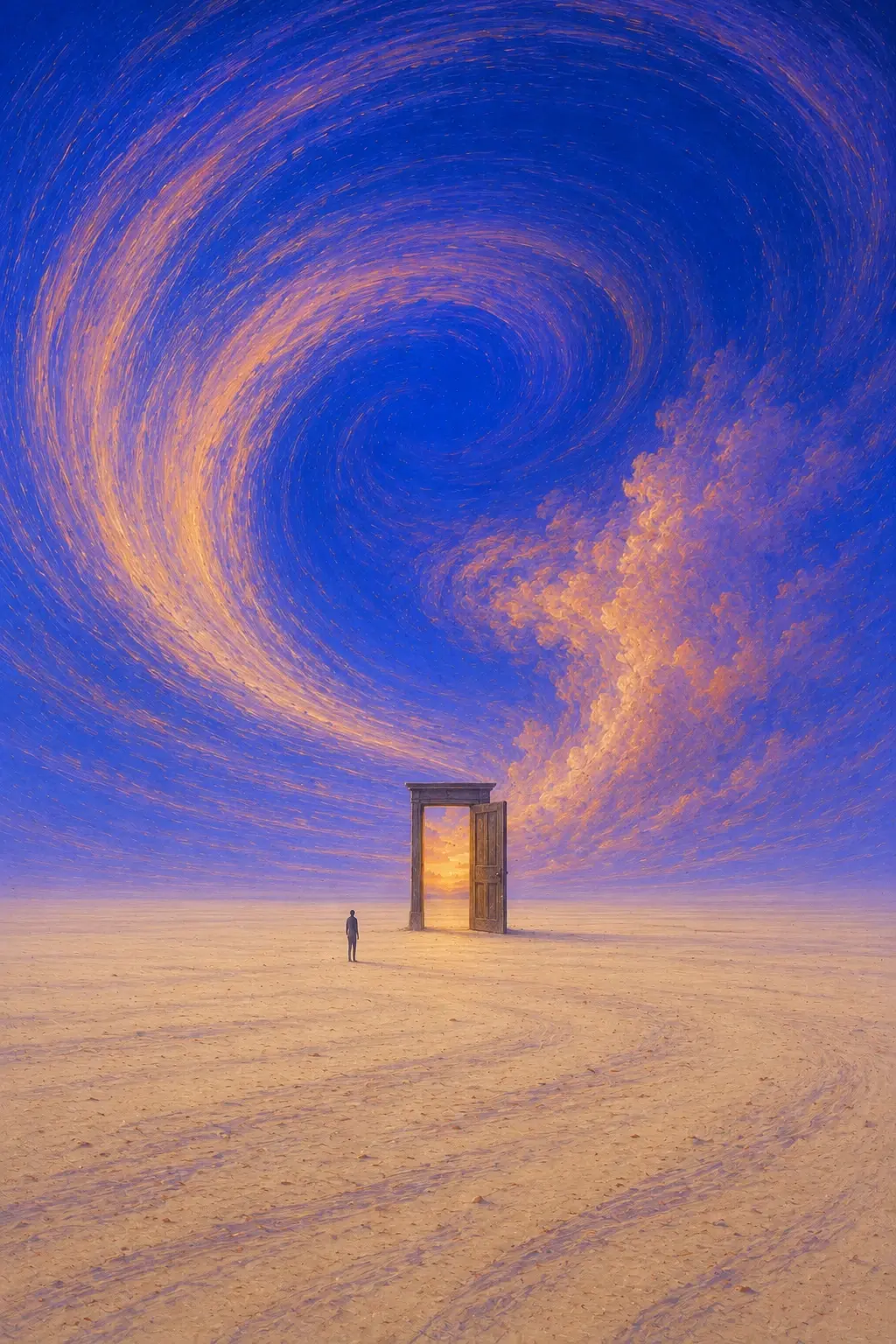 A freestanding old wooden doorway standing alone in the middle of an endless pale desert, no walls attached to it, a small warm glow visible beyond the doorway, enormous cobalt-blue sky curling overhead into a slow spiral, luminous peach and lavender clouds flowing around the opening like a giant cosmic wave, a tiny human silhouette standing several steps away facing the door, surreal mystery, quiet hope, extreme negative space and scale. Surreal cinematic fine-art landscape, dreamlike impossible environment, deep cobalt blue and indigo atmosphere, warm peach, amber and dusty orange highlights, sweeping fluid brushstrokes and long-exposure-like curved motion trails, painterly textured surface, subtle analog film grain, soft glowing light, slightly vintage photographic print, ethereal atmospheric perspective, minimal composition, enormous sense of scale, poetic solitude, realistic subject rendered within an impossible world, no text, no typography, no frame, portrait orientation, 4:5.