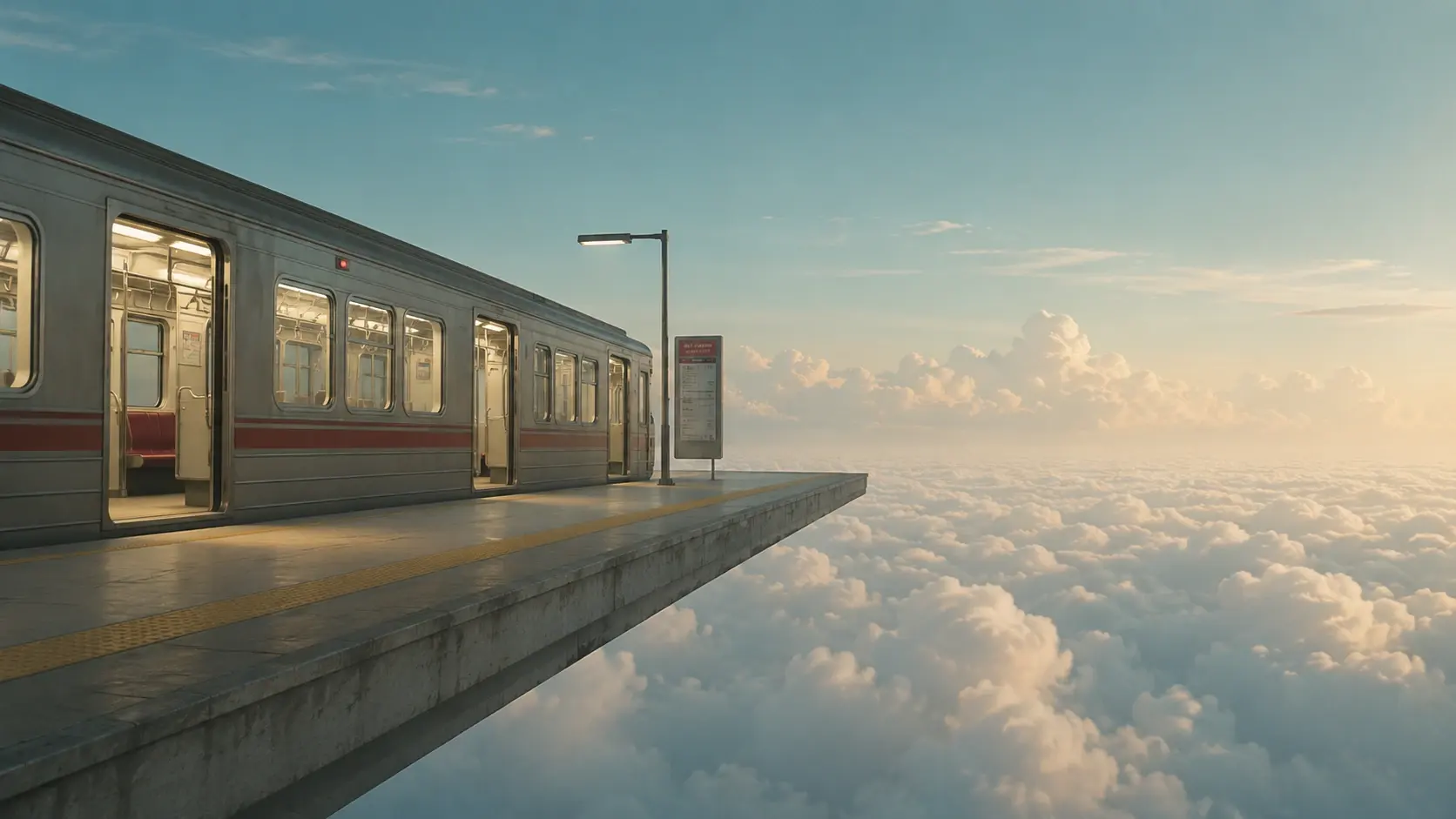 Wide 16:9 surreal editorial photograph, an ordinary subway platform floating horizontally above an enormous ocean of clouds, one empty train stopped at the platform with its doors open toward the sky, fluorescent interior light glowing softly, no visible tracks, clouds stretching endlessly beneath everything, pale cyan and muted cream palette with small accents of faded red, strange peaceful atmosphere, impossible but believable perspective, nostalgic 35mm film texture, soft focus, subtle dust and grain, cinematic composition, no text.