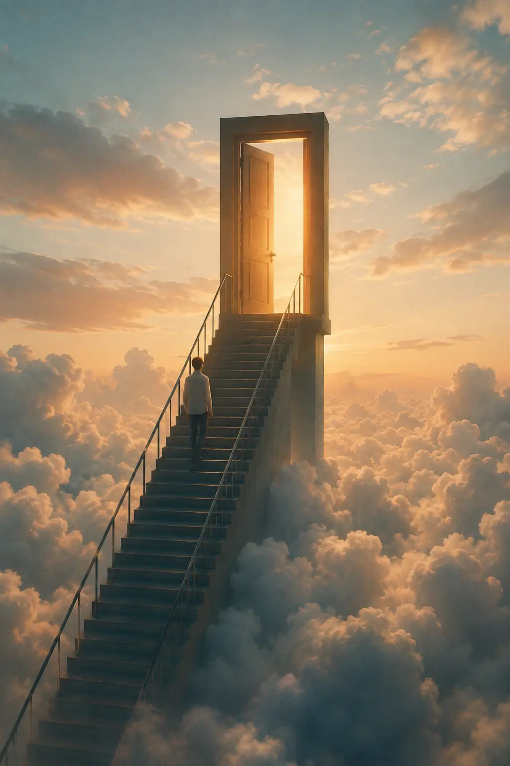 Vertical 2:3 surreal analog photograph, a gigantic freestanding doorway standing alone in the middle of a vast cloud field, its staircase descending upward into the clouds rather than toward the ground, a tiny figure halfway down the stairs looking toward the open doorway, warm golden light spilling through the frame, surrounding sky in muted powder blue and dusty peach, clouds illuminated from behind, dreamlike scale, poetic loneliness, soft vintage photography, heavy but delicate film grain, atmospheric haze, imperfect exposure, no text.