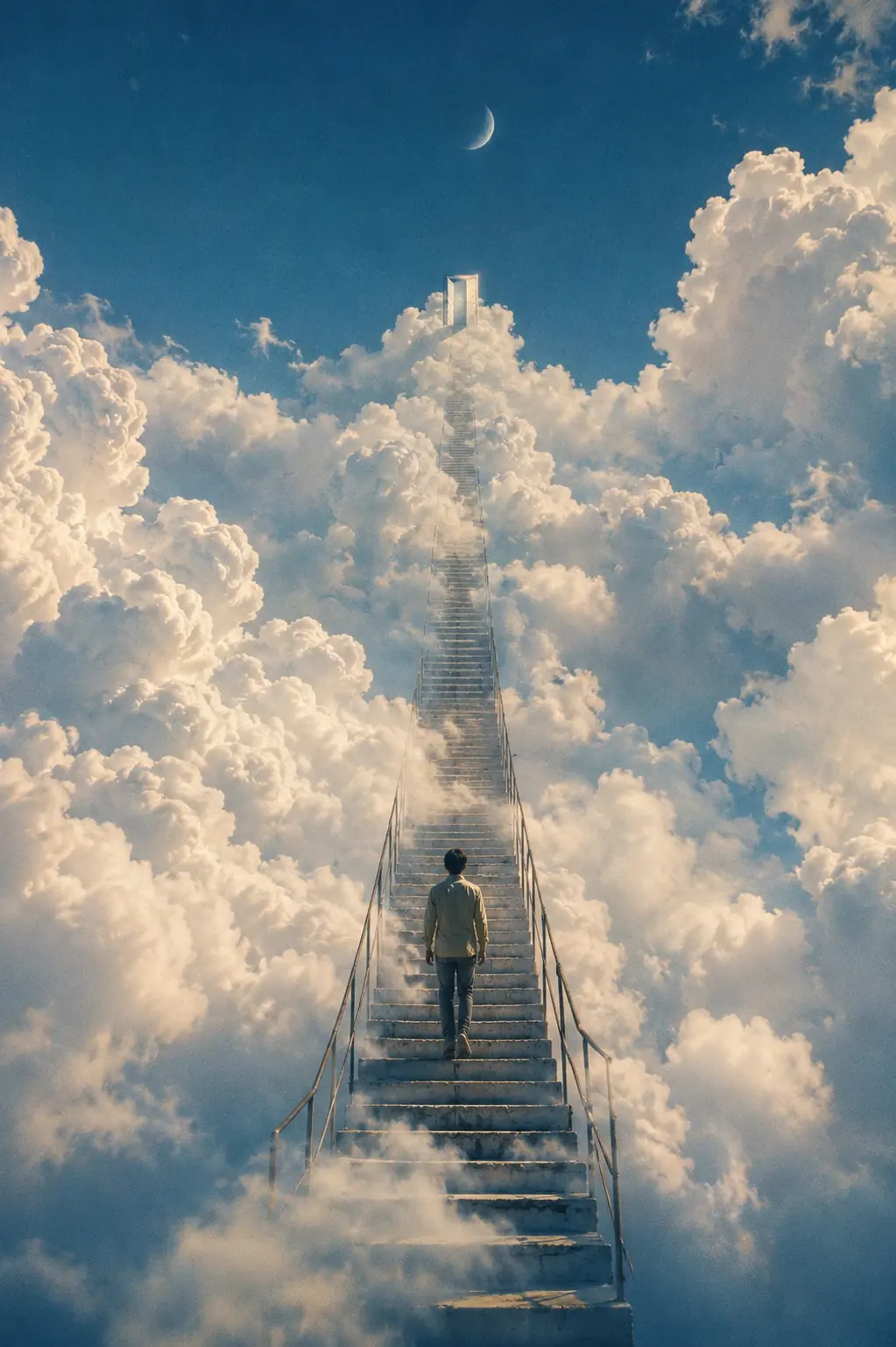 Vertical 9:16 surreal fine-art photograph, a narrow pedestrian staircase rising impossibly upward through enormous layers of clouds, the staircase becoming smaller and partially disappearing into mist, one tiny person standing near the top holding a small umbrella, deep cobalt blue sky behind the clouds, pale cream and silver-white cloud formations, faint warm sunlight breaking through, minimalist composition with huge empty sky, dreamlike visual storytelling, nostalgic film photography, muted contrast, fine grain, dusty texture, slight lens softness, no text.