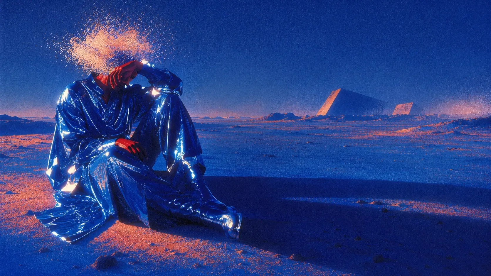 Wide 16:9 experimental fashion photograph, a seated sculptural human figure positioned toward the left side of the frame, wearing enormous reflective cobalt-blue fabric that behaves like liquid metal, face partially hidden behind one raised arm, head surrounded by a strange soft cloud of pale pink and cream particles, body emerging from a surreal blue desert-like landscape rather than a studio background, long exaggerated shadows stretching toward the foreground, occasional razor-sharp white reflections across the clothing, patches of crimson and violet appearing inside the shadows, distant hazy geometric forms barely visible in the background, strong asymmetrical composition with generous negative space, direct flash mixed with soft atmospheric glow, coarse halftone dots, VHS-era grain, subtle dithering, imperfect print registration, blown highlights, deep shadows, slightly distorted perspective, surreal 90s editorial aesthetic, blue dominant but with unexpected warm accents, no text.
