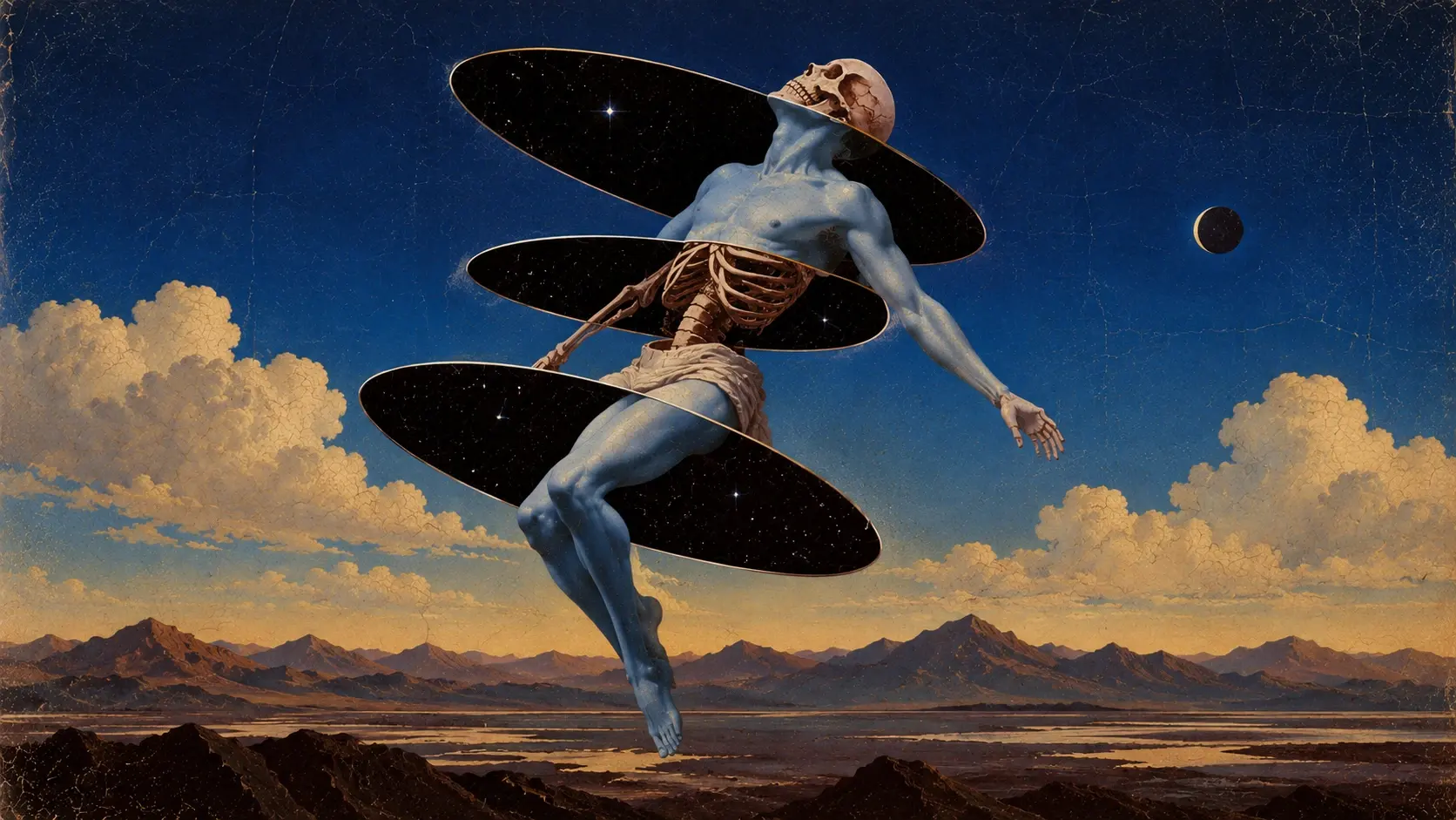 A fragmented blue marble torso floating horizontally above a dark, empty mountain landscape, enormous black elliptical discs passing through its chest and waist like physical cuts in reality, exposed ribs subtly visible, tiny stars embedded in the voids, cobalt twilight, vintage oil-paint collage, imperfect edges, weathered print grain.
