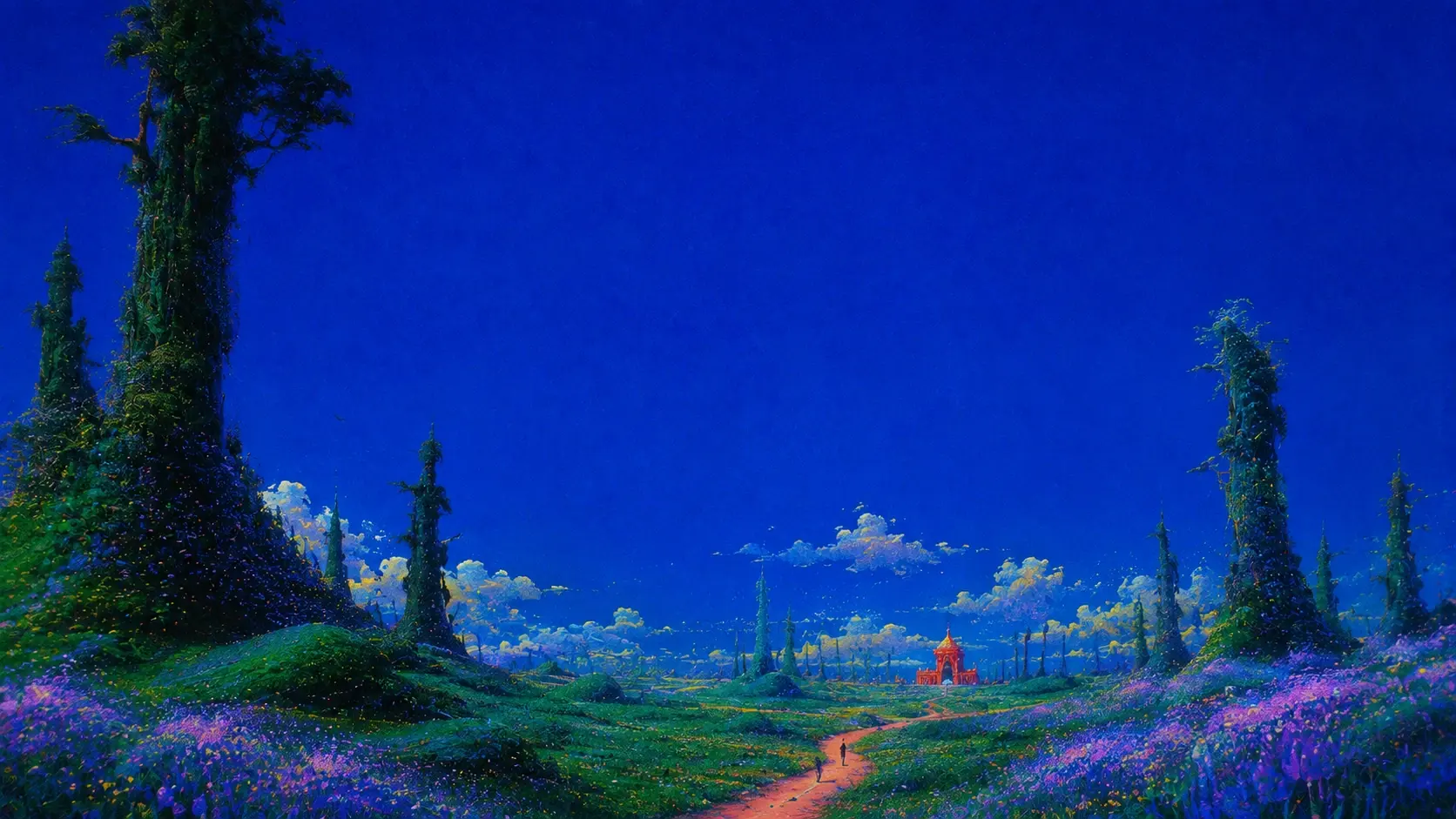 Wide 16:9 cinematic fantasy landscape, vast open meadow covered with dense violet, lavender and magenta wildflowers, enormous dark-green cypress and fantastical slender trees rising dramatically from both sides, rolling emerald hills leading toward a distant magical landscape, a tiny winding pink-orange dirt path crossing the meadow toward the horizon, a tiny solitary traveler walking along the path, distant small ornate red-orange temple or fantasy pavilion nestled in the valley, enormous expansive saturated royal-blue sky occupying the upper half of the image, scattered delicate clouds glowing softly near the horizon, rich jewel-toned colors, painterly animated fantasy aesthetic, textured brushwork, luminous specks and tiny flowers, atmospheric depth, tranquil adventurous mood, highly detailed storybook environment, no text.