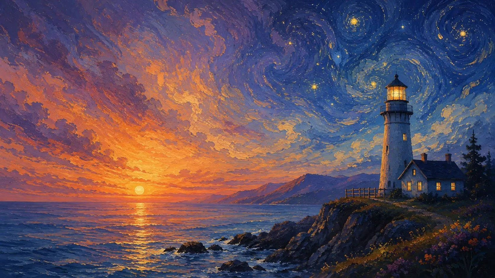 Wide 16:9 cinematic impressionist seascape, a tall old white lighthouse standing on a rugged rocky cliff at the far right, small attached lighthouse keeper cottage with several warmly glowing windows, lighthouse beacon glowing amber at the top, dark rocky shoreline descending into a calm ocean, distant layered mountains stretching across the horizon, enormous dramatic sunset sky filling most of the composition, glowing sun low on the left above the sea, brilliant orange and golden reflection spreading across the water, sky transitioning from intense burnt orange and coral near the horizon into lavender, violet and deep cobalt blue overhead, swirling expressive oil-paint brushstrokes throughout the clouds and sky, richly textured canvas, visible individual painterly strokes, warm cinematic glow, nostalgic romantic atmosphere, highly detailed, no people, no text.
