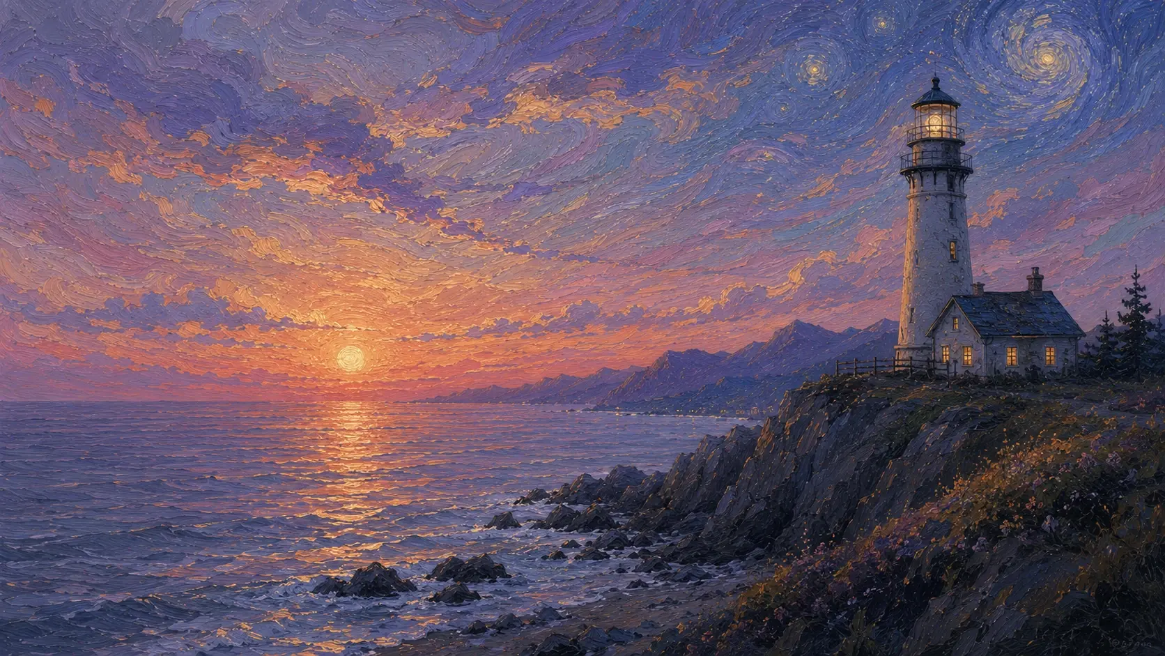 Wide 16:9 painterly coastal landscape, solitary tall white lighthouse and small dark-roofed cottage perched on a rugged rocky headland in the upper-right quadrant, warm golden lights glowing from the lighthouse lantern room and cottage windows, calm ocean stretching across the entire lower-left and center frame, dark jagged cliffs descending into the water, distant mountain range beneath the horizon, enormous lavender and dusty-purple sunset sky filled with flowing swirling oil-paint strokes, muted peach and amber sunlight concentrated around the low horizon, soft golden reflection shimmering across the sea, deep indigo shadows in the rocks and lighthouse, highly visible expressive brushwork, tactile oil-on-canvas texture, dreamy melancholic atmosphere, sophisticated fine-art color palette, cinematic wide composition, no people, no text.