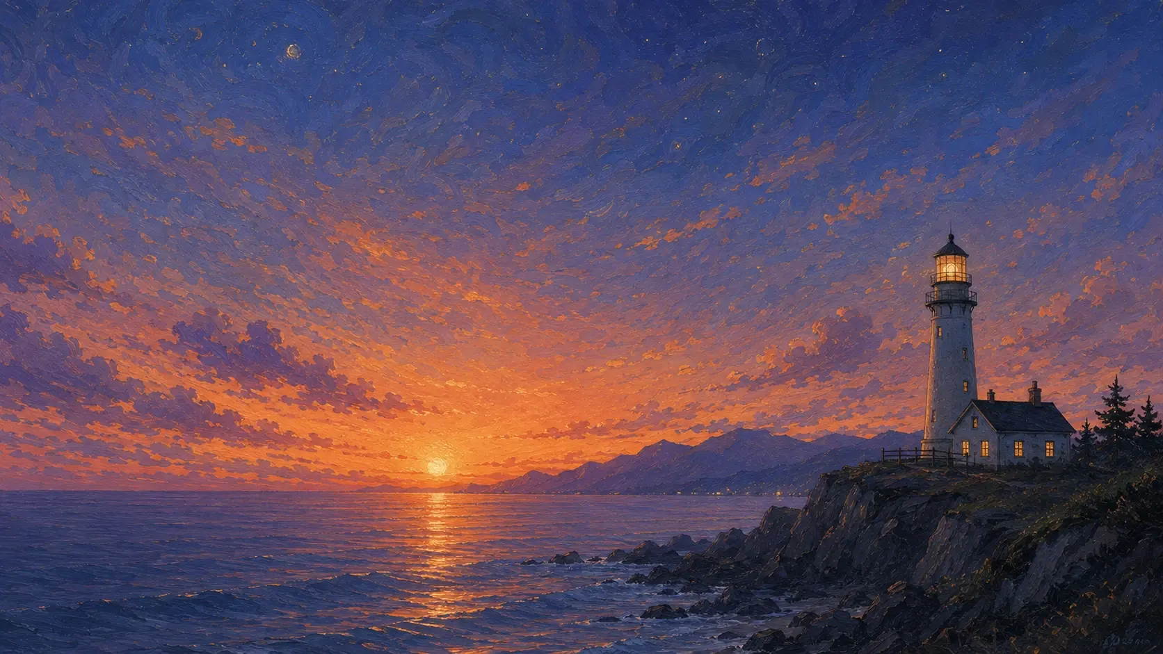 Wide 16:9 nocturnal coastal illustration, a solitary white lighthouse standing on a dark rugged cliff at the far right, small attached cottage with several tiny warm amber-lit windows, lighthouse lantern glowing softly, calm dark ocean extending across the entire left and lower half of the frame, distant mountains barely visible through atmospheric haze, large full golden moon hanging above the lighthouse behind thin horizontal clouds, sparse tiny stars scattered across a muted charcoal-blue night sky, restrained palette of slate blue, dusty gray, deep navy, muted cream and warm amber, fine engraved contour lines combined with subtle painterly strokes, soft paper grain and vintage print texture, quiet mysterious atmosphere, large empty negative space on the left, elegant minimalist composition, no people, no text.
