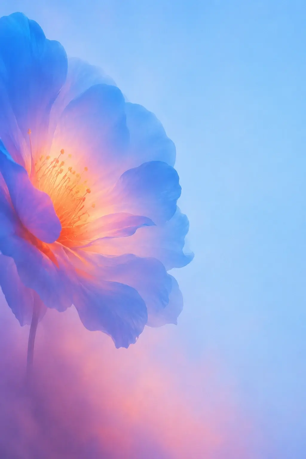 An enormous single flower filling most of the left side of the frame, viewed from the side, broad petals forming soft abstract masses of blue, lavender and pale peach, its center glowing warm cream-orange, thin stem disappearing into pink haze at the bottom, the right half almost completely empty pastel blue. STYLE LOCK