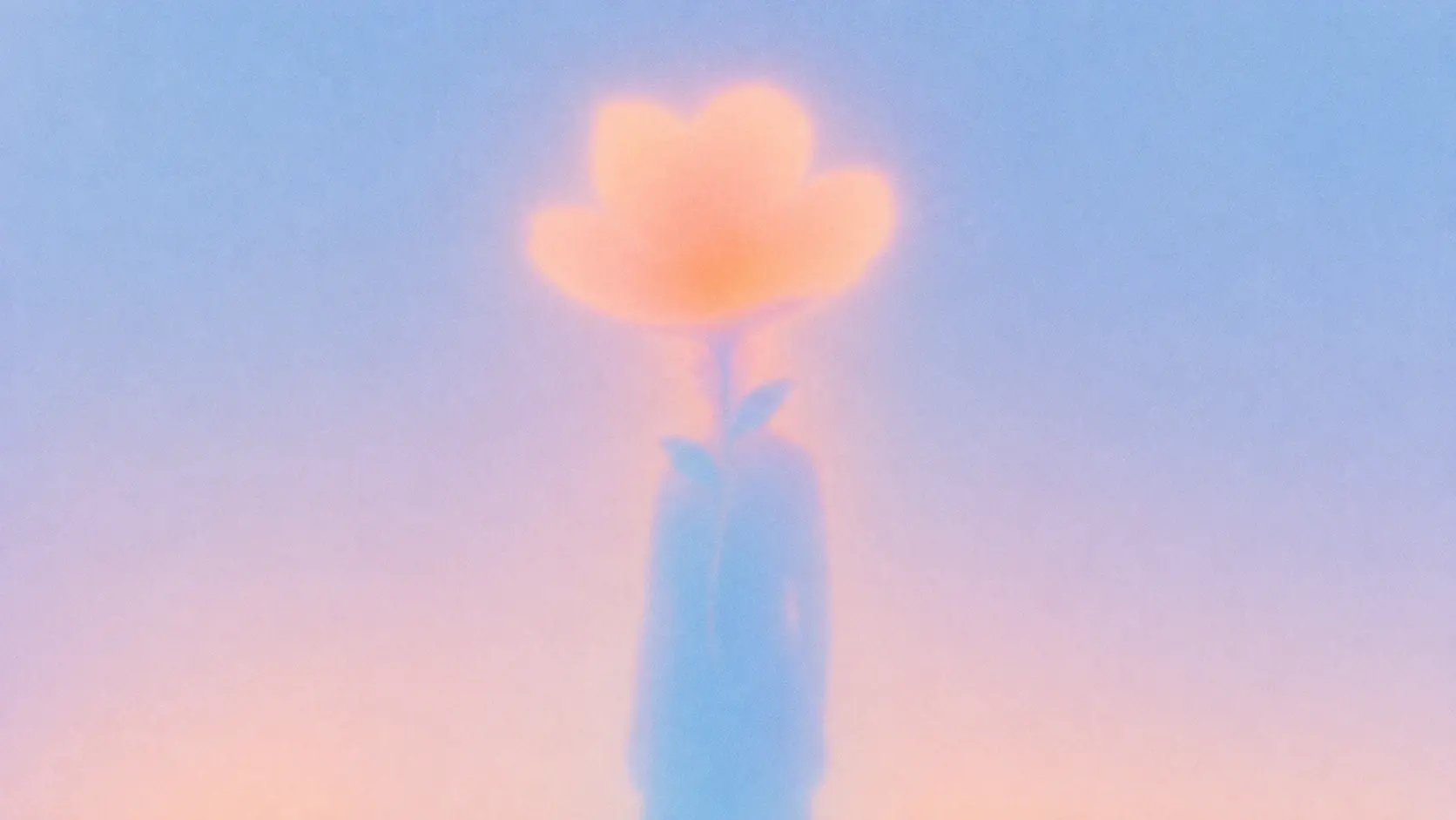 A large soft human silhouette occupying the center-left of the frame, gently holding one long-stemmed flower in front of their chest, the person blue and lavender, the flower head warm peach-orange and glowing softly, the flower almost touching the person's face, background fading from powder blue at the top into pale pink and peach near the bottom. STYLE LOCK