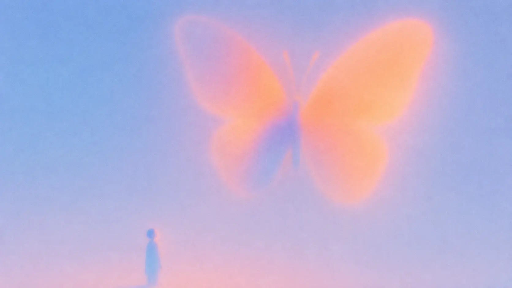 A tiny human silhouette standing near the bottom-left of an enormous pastel landscape, looking up at one gigantic soft butterfly hovering above them, butterfly wings appearing as broad blurred peach-orange and pink shapes with lavender-blue shadows, butterfly occupying almost half the frame, huge empty powder-blue atmosphere. STYLE LOCK