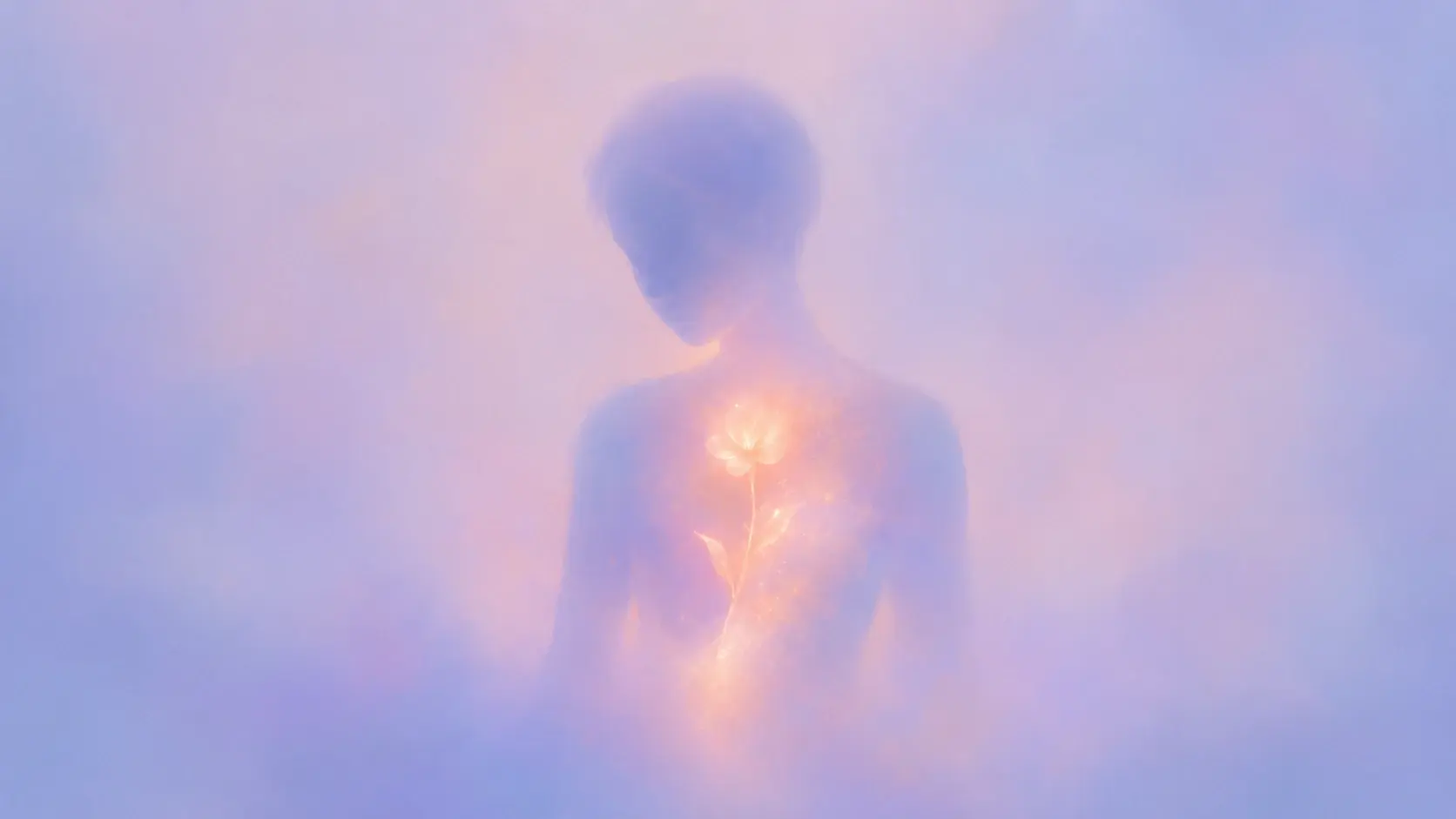 A large soft flower occupying the center of the frame, its stem gradually transforming into the silhouette of a human body, the flower head glowing warm peach and cream, body dissolving into cyan blue and lavender haze, no literal details, surreal but extremely simple, vast empty pastel background. STYLE LOCK