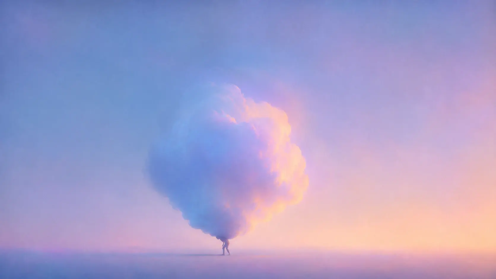 A large human silhouette occupying the lower-left half of the frame, looking toward a huge soft amorphous blue cloud floating directly in front of them, the cloud containing a faint warm peach glow, human silhouette transitioning from cyan to lavender, cloud almost touching the figure, minimal empty pastel background. STYLE LOCK