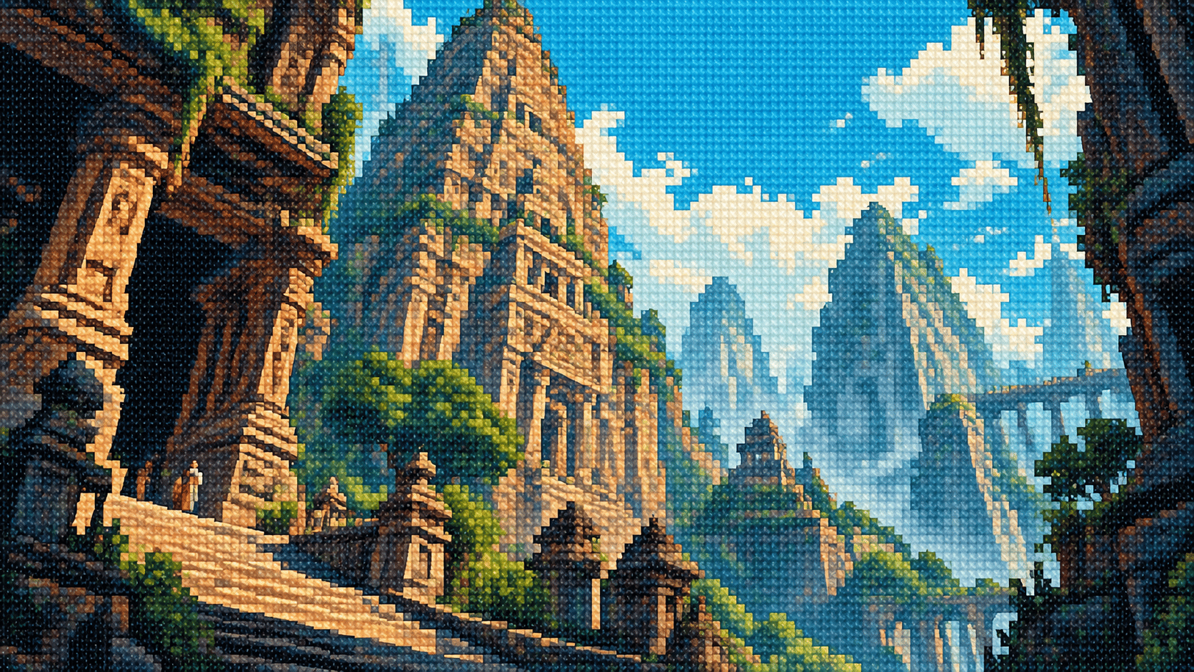 A dramatic vertical-feeling landscape composition adapted to a wide 16:9 hero, showing an enormous ancient stone temple rising from a dense tropical valley. The camera is positioned extremely low on a stone pathway, looking upward at towering weathered temple structures that dominate the left and center of the frame. Tiny trees and distant figures are barely visible for scale. Pale turquoise sky appears between the monumental architecture, with scattered soft clouds. Deep moss green, sandstone, muted orange, cream and blue palette. Retro pixel-art rendered as intricate cross-stitch embroidery, chunky stepped silhouettes, dense individual thread texture, tactile woven fabric, limited color blocks, handmade imperfections. The architecture should feel monumental and asymmetrical. No mountains, no sunset, no lake, no frame, no border, no text.