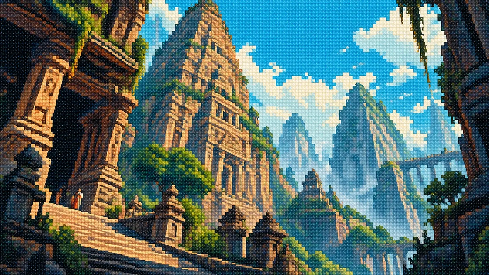 A dramatic vertical-feeling landscape composition adapted to a wide 16:9 hero, showing an enormous ancient stone temple rising from a dense tropical valley. The camera is positioned extremely low on a stone pathway, looking upward at towering weathered temple structures that dominate the left and center of the frame. Tiny trees and distant figures are barely visible for scale. Pale turquoise sky appears between the monumental architecture, with scattered soft clouds. Deep moss green, sandstone, muted orange, cream and blue palette. Retro pixel-art rendered as intricate cross-stitch embroidery, chunky stepped silhouettes, dense individual thread texture, tactile woven fabric, limited color blocks, handmade imperfections. The architecture should feel monumental and asymmetrical. No mountains, no sunset, no lake, no frame, no border, no text.
