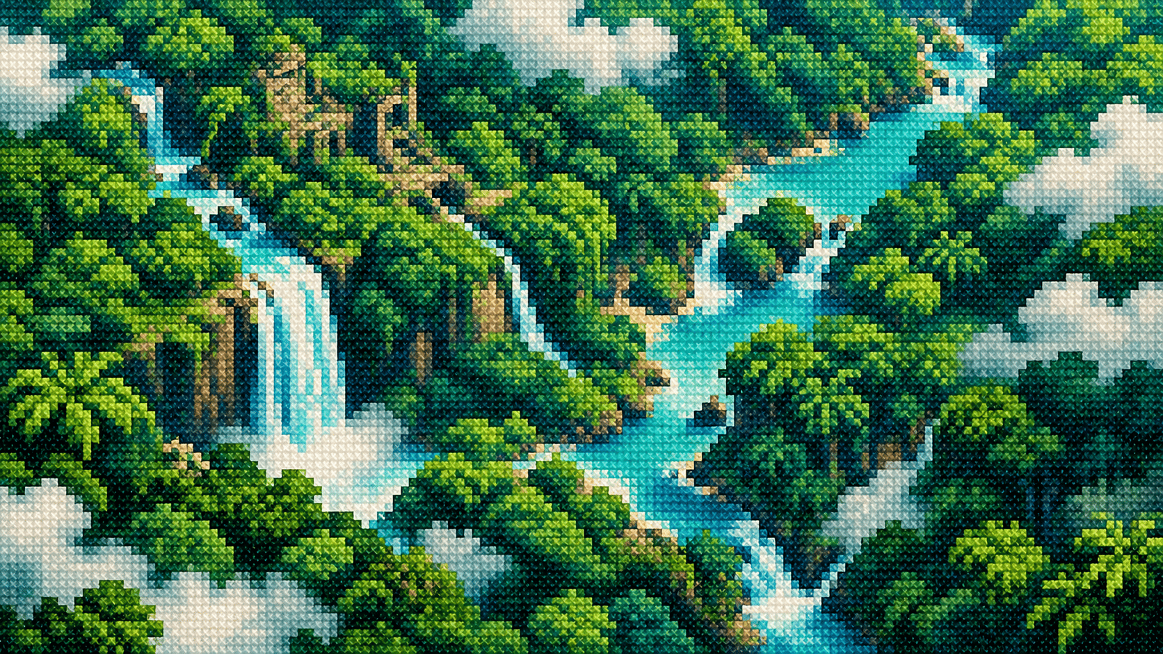 A surreal aerial view looking directly down into an enormous tropical rainforest canopy, rendered as dense pixel-art cross-stitch embroidery. Giant overlapping leaves create an abstract organic mosaic of emerald, lime, turquoise and deep blue. A tiny winding river cuts diagonally through the vegetation, occasionally disappearing beneath the canopy. Small waterfalls and tiny clearings appear between the leaves. The composition should feel dense and immersive rather than scenic, with no horizon. Chunky pixel clusters, thousands of visible cross-stitches, woven textile texture, slightly imperfect handmade embroidery, strong graphic shapes, vibrant but controlled palette. 16:9 hero composition, no sky, no mountains, no buildings, no sunset, no border, no text.