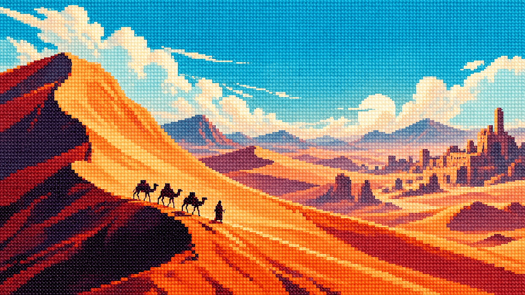 A wide cinematic pixel-art desert scene rendered as a richly embroidered cross-stitch tapestry. Enormous sweeping sand dunes form diagonal waves across the entire composition, with a tiny caravan of camels traveling along a ridge near the lower third. One enormous crescent-shaped dune dominates the foreground while distant dunes fade into dusty atmospheric layers. The sky is pale cream and muted turquoise rather than a dramatic sunset. Terracotta, ochre, burnt orange, dusty pink, cream and deep brown palette. Strong geometric pixel shapes, visible individual stitches, tactile woven fabric, retro adventure-game aesthetic, dramatic scale contrast between tiny travelers and gigantic dunes. 16:9, asymmetrical composition, no mountains, no ocean, no trees, no frame, no text.