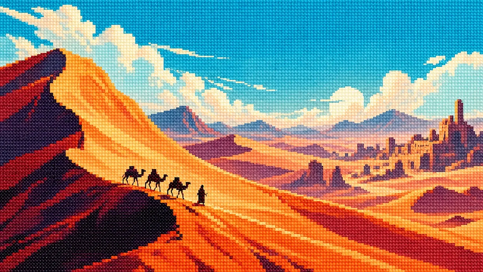A wide cinematic pixel-art desert scene rendered as a richly embroidered cross-stitch tapestry. Enormous sweeping sand dunes form diagonal waves across the entire composition, with a tiny caravan of camels traveling along a ridge near the lower third. One enormous crescent-shaped dune dominates the foreground while distant dunes fade into dusty atmospheric layers. The sky is pale cream and muted turquoise rather than a dramatic sunset. Terracotta, ochre, burnt orange, dusty pink, cream and deep brown palette. Strong geometric pixel shapes, visible individual stitches, tactile woven fabric, retro adventure-game aesthetic, dramatic scale contrast between tiny travelers and gigantic dunes. 16:9, asymmetrical composition, no mountains, no ocean, no trees, no frame, no text.