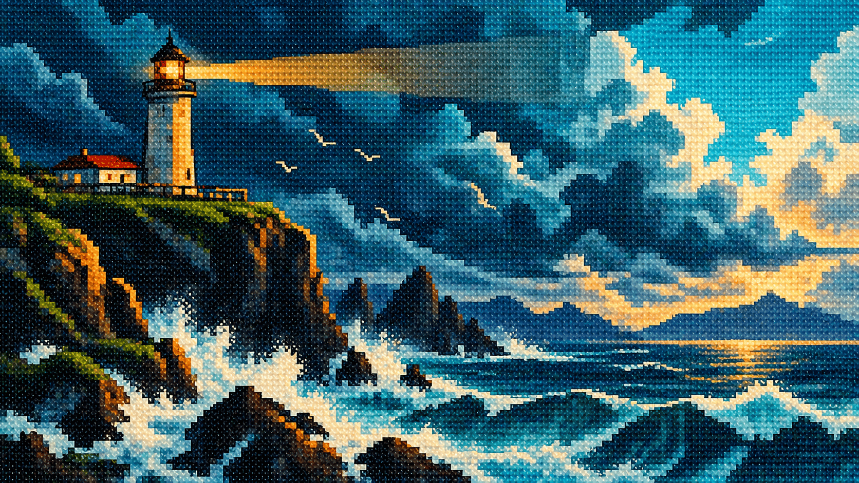 A quiet cinematic rainy landscape rendered entirely as pixel-art cross-stitch embroidery, viewed from street level beneath a large traditional wooden roof. A narrow stone street curves through a tiny mountain village, with paper lanterns glowing softly beneath wooden balconies, moss-covered roofs, puddles reflecting turquoise light, and heavy rain falling diagonally across the scene. Dense dark trees rise behind the buildings but remain partially hidden by mist. Deep navy, teal, muted red, warm cream and dark green palette. Dense woven textile texture, individual cross-stitches clearly visible, chunky pixel silhouettes, nostalgic handmade game-art aesthetic, atmospheric and intimate rather than grand. 16:9 hero composition with an open dark rainy area in the upper-left for typography, no sunset, no ocean, no border, no text.
