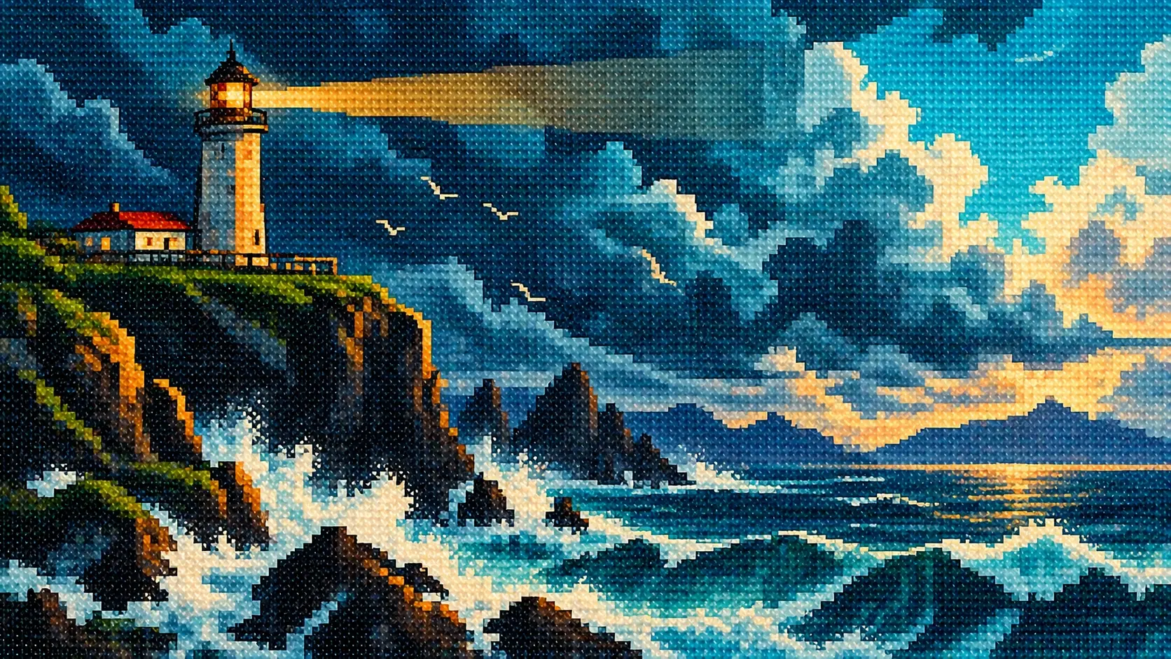 A quiet cinematic rainy landscape rendered entirely as pixel-art cross-stitch embroidery, viewed from street level beneath a large traditional wooden roof. A narrow stone street curves through a tiny mountain village, with paper lanterns glowing softly beneath wooden balconies, moss-covered roofs, puddles reflecting turquoise light, and heavy rain falling diagonally across the scene. Dense dark trees rise behind the buildings but remain partially hidden by mist. Deep navy, teal, muted red, warm cream and dark green palette. Dense woven textile texture, individual cross-stitches clearly visible, chunky pixel silhouettes, nostalgic handmade game-art aesthetic, atmospheric and intimate rather than grand. 16:9 hero composition with an open dark rainy area in the upper-left for typography, no sunset, no ocean, no border, no text.
