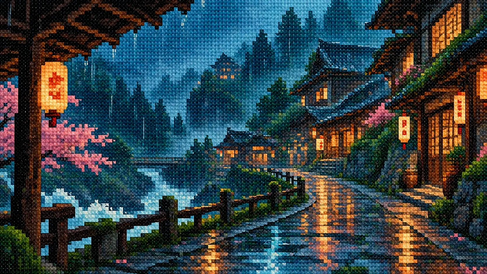 A powerful pixel-art coastal landscape rendered as a hand-stitched textile tapestry. A solitary enormous lighthouse stands on a jagged black-rock cliff near the far left, its warm beam cutting horizontally through a massive stormy turquoise sky. Huge stylized waves crash against the rocks below, while distant seabirds appear as tiny pixel marks. Heavy clouds form enormous abstract shapes across the upper half. Deep navy, cobalt, turquoise, seafoam, cream and small amber highlights. Bold graphic pixel composition, dense cross-stitch texture, visible fabric weave, imperfect handmade stitching, dramatic scale, nostalgic 16-bit landscape aesthetic. 16:9 hero image, lighthouse strongly isolated against open sky, no mountains, no sunset, no buildings except the lighthouse, no frame, no text.