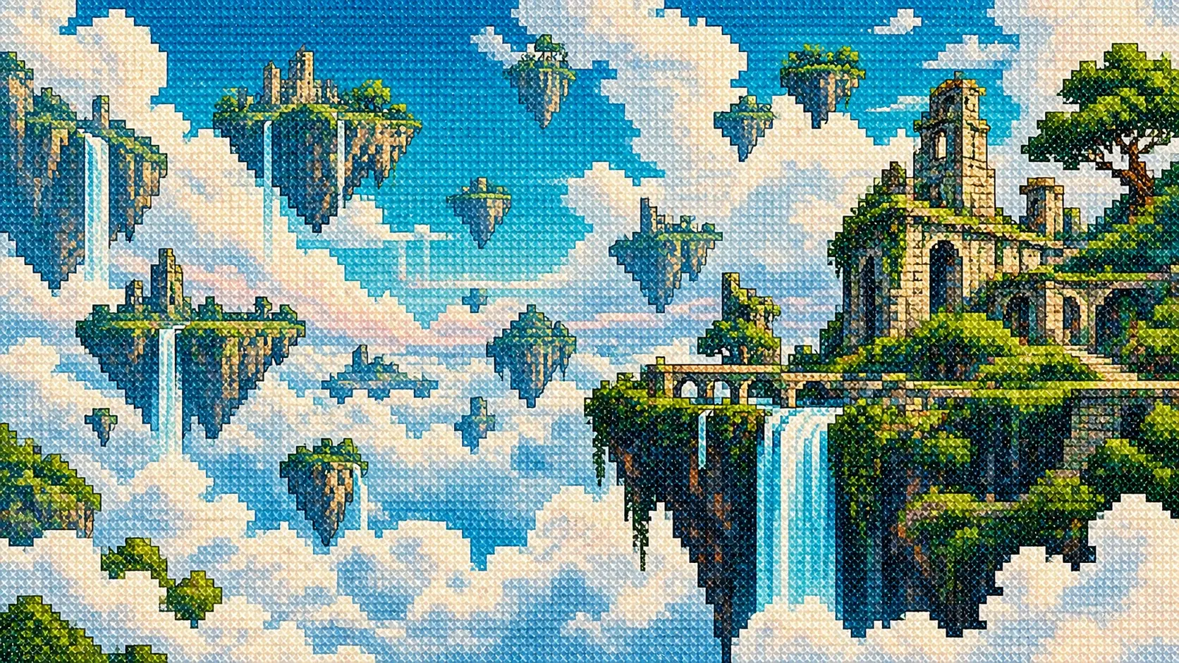 A fantastical wide pixel-art landscape showing several enormous floating islands drifting through a bright turquoise sky, rendered as intricate cross-stitch embroidery. The largest island occupies the lower-right corner and contains an ancient ruined stone tower, twisted trees and a small waterfall falling endlessly into the clouds. Several much smaller islands float at different depths across the background, creating strong atmospheric perspective. Massive soft white clouds surround the islands. Bright cyan, deep blue, emerald green, cream, muted orange and lavender palette. Chunky pixel geometry, layered depth, visible individual embroidery stitches, tactile woven cloth texture, handmade imperfections, nostalgic fantasy-game aesthetic. 16:9 hero composition with huge open sky between the islands for typography, no conventional mountains, no ocean, no sunset, no border, no text.