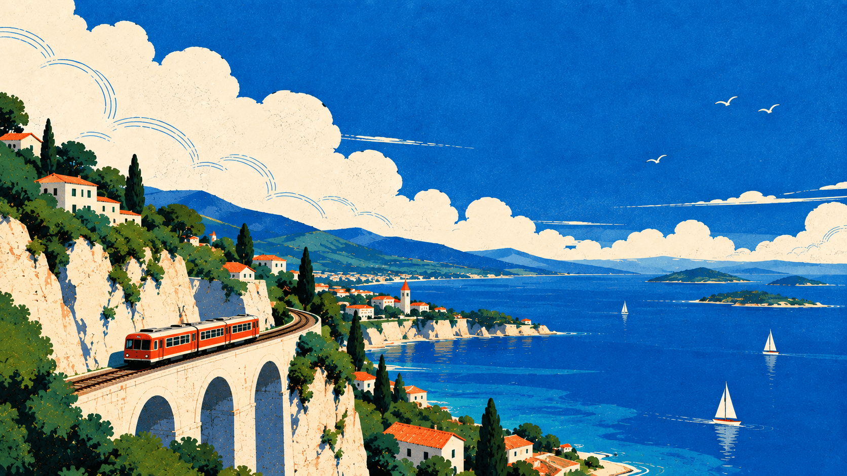 A cinematic flat editorial travel illustration of a small bright-red passenger train traveling along a dramatic stone railway viaduct carved into a Mediterranean coastal cliff. The train enters from the lower-left and follows a sweeping curved track toward a tiny coastal town in the middle distance. Below it, a vast deep-blue sea stretches toward layered islands and distant mountains. White Mediterranean houses with terracotta roofs, tall dark-green cypress trees and small sailboats are scattered naturally across the landscape. Huge cream-white clouds with delicate blue hand-drawn contour lines fill the upper sky, leaving a broad area of rich cobalt blue. Strong flat geometric color blocks, simplified architectural forms, vintage European travel-poster aesthetic, screen-print imperfections, risograph grain, subtle paper fibers, limited blue, cream, green and red palette, 16:9 horizontal composition, sophisticated website hero background and desktop wallpaper, no photorealism, no 3D. Flat 2D editorial illustration, vintage travel poster, contemporary graphic design, hand-drawn ink details, bold geometric shapes, limited color palette, risograph / screen-print texture, subtle paper grain, slight ink imperfections, organic imperfect edges, sophisticated composition, strong negative space, tactile printed-paper feeling, no photorealism, no 3D, no glossy digital rendering, no watermark.