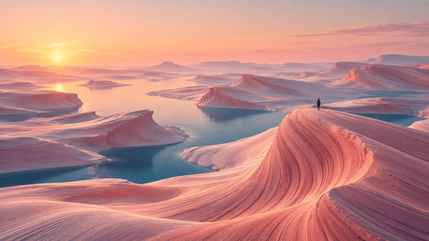 An impossible landscape where an enormous coral-pink desert behaves like a frozen ocean, gigantic smooth waves of sand curling and overlapping across the horizon, extremely fine parallel wind patterns following every curve, narrow strips of muted blue water between the formations, a tiny solitary person standing on one wave crest, soft blush sky fading into warm cream, delicate atmospheric haze, refined surrealism, minimal luxury editorial aesthetic, 16:9 wide hero image with sweeping foreground curves and a large uncluttered upper-left area for headline text.