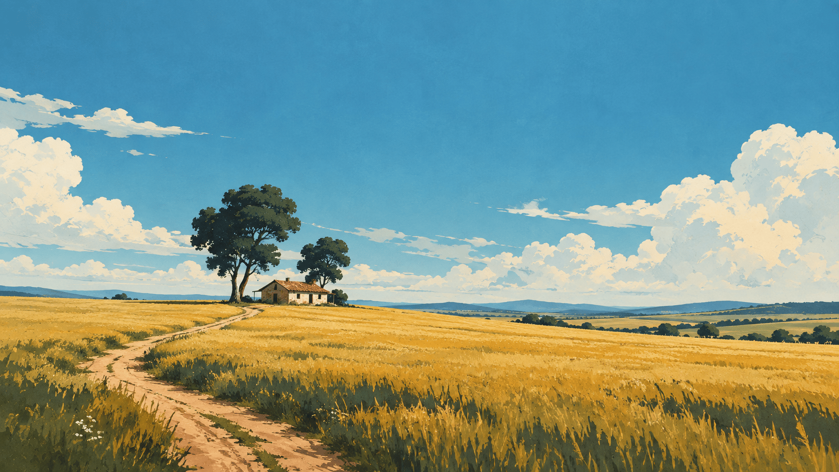 A wide surreal countryside landscape in 16:9, viewed from a low distant perspective. An enormous uninterrupted field of pale golden grass stretches from the foreground all the way to a tiny isolated farmhouse near the center-left horizon. Two oversized dark-green trees lean beside the house, their silhouettes contrasting against a huge washed-out blue sky. A narrow winding dirt road enters from the lower-left corner and disappears behind the house. Extremely small architecture surrounded by vast empty space, gentle rolling terrain, muted pastoral colors, hand-painted editorial illustration, subtle paper grain, quiet nostalgic atmosphere, unusual scale, no mountains, no desert, no moon, no dramatic sunset, clean hero composition.