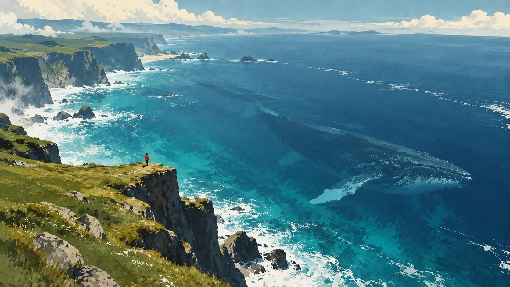 A cinematic surreal coastal landscape in a wide 16:9 composition. The camera looks diagonally downward from an enormous grassy cliff occupying the lower-left corner toward a vast deep cobalt ocean. A gigantic dark whale is partially visible beneath the surface near the center-right, its silhouette stretching almost impossibly far beneath translucent turquoise water. Tiny white waves break against the cliff edge and a microscopic person stands near the precipice for scale. Pale overcast sky, cool muted palette, large simple shapes, atmospheric watercolor texture, subtle film grain, contemplative editorial artwork, strong horizontal composition, no mountains, no desert, no giant celestial object, no buildings, no text.