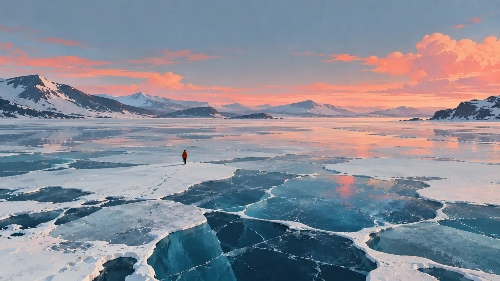 A minimalist surreal Arctic landscape in a wide 16:9 composition. A vast frozen lake stretches horizontally across the frame, covered with enormous irregular geometric cracks and translucent pale-blue ice shapes. A tiny solitary figure in a bright orange coat walks across the ice near the center, leaving a delicate trail of footprints. In the far background, low rounded snow-covered hills disappear into white atmospheric haze. The sky is nearly the same color as the lake, creating an almost abstract horizonless world. Soft icy blue, ivory and muted orange palette, subtle grain, matte paper texture, extremely clean shapes, quiet dreamlike mood, no desert, no tropical vegetation, no giant sun, premium editorial landscape illustration.