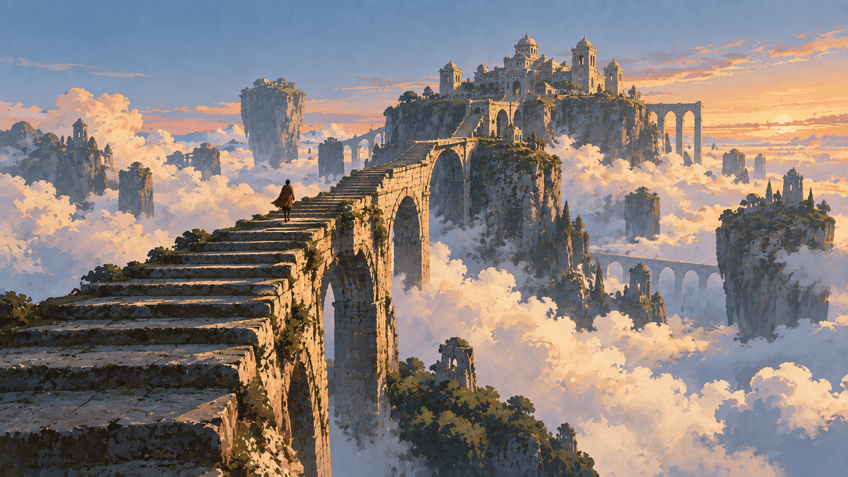 A surreal monumental landscape in a wide 16:9 hero composition. An enormous ancient stone staircase begins in the lower foreground and climbs in a dramatic diagonal toward a tiny floating plateau high above the clouds. The staircase is impossibly large, with only a few simple weathered stone details. A tiny solitary traveler walks upward, emphasizing the gigantic scale. Below the staircase is a vast sea of soft cream-colored clouds, while the upper sky transitions from muted lavender to dusty blue. Small fragments of distant floating rock formations hover in the haze. Sculptural composition, unusual perspective, muted cinematic colors, hand-painted editorial aesthetic, subtle analog grain, lots of negative space, mysterious and dreamlike, no conventional mountains, no desert, no sun/moon, no text.