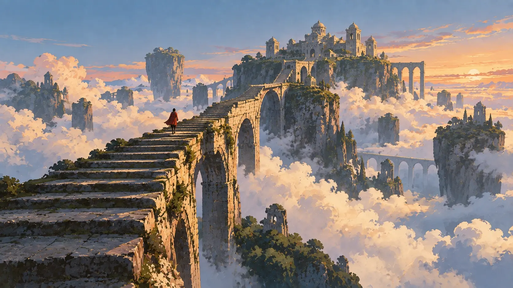 A surreal monumental landscape in a wide 16:9 hero composition. An enormous ancient stone staircase begins in the lower foreground and climbs in a dramatic diagonal toward a tiny floating plateau high above the clouds. The staircase is impossibly large, with only a few simple weathered stone details. A tiny solitary traveler walks upward, emphasizing the gigantic scale. Below the staircase is a vast sea of soft cream-colored clouds, while the upper sky transitions from muted lavender to dusty blue. Small fragments of distant floating rock formations hover in the haze. Sculptural composition, unusual perspective, muted cinematic colors, hand-painted editorial aesthetic, subtle analog grain, lots of negative space, mysterious and dreamlike, no conventional mountains, no desert, no sun/moon, no text.