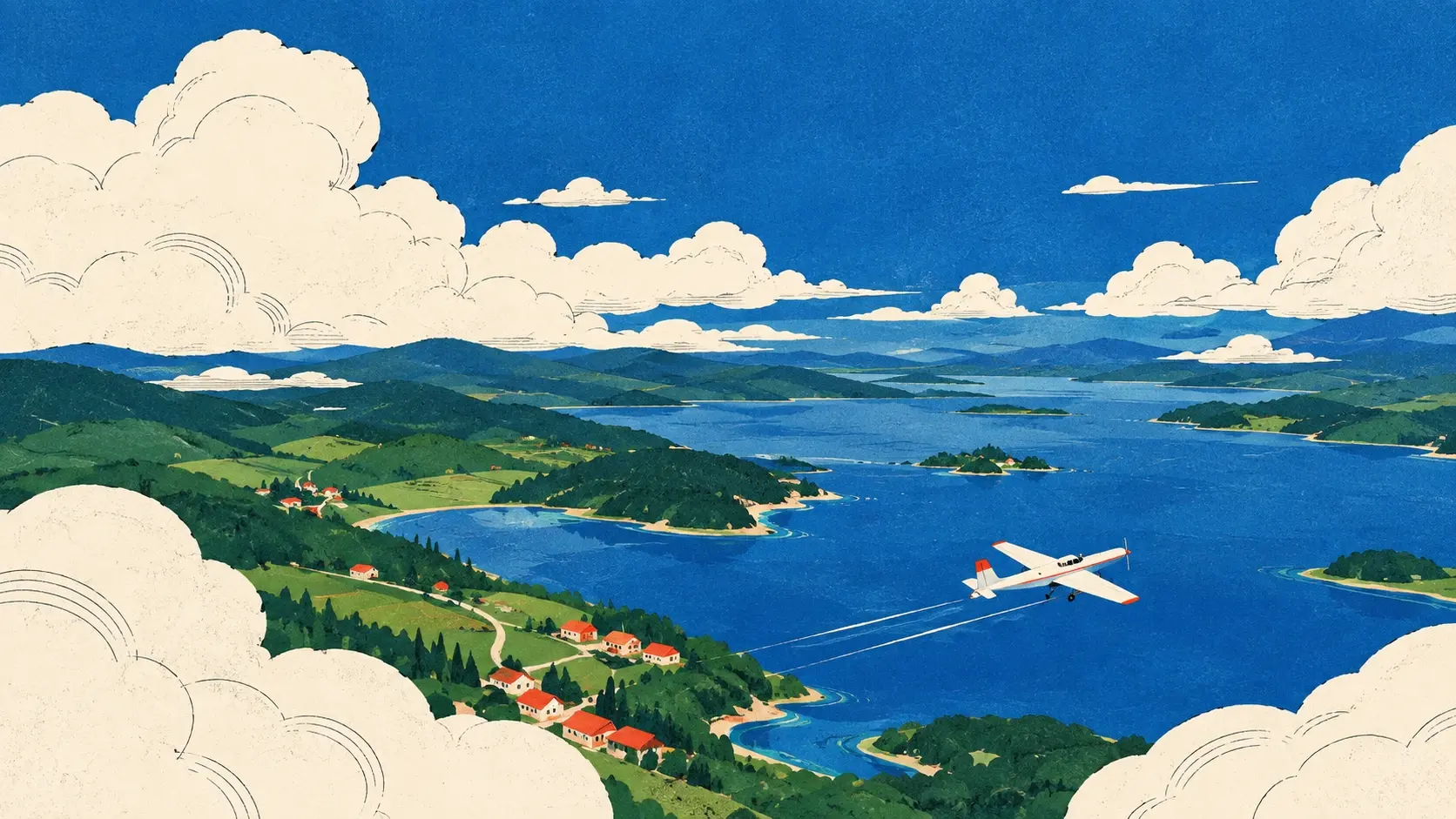 A whimsical editorial illustration viewed from high above, showing a winding cobalt-blue river flowing through a simplified emerald-green landscape. Large fluffy white clouds float unusually close to the viewer, overlapping the landscape at different depths, with delicate hand-drawn curved ink lines describing their volume. The river curves organically from the lower foreground toward the distant horizon, surrounded by broad abstract green hills and subtle darker-green patches. A tiny white passenger airplane flies over the river near the lower center, creating a strong sense of scale. Bold flat shapes, slightly imperfect organic edges, limited cobalt blue, emerald green, white and dark green palette, vintage travel illustration, hand-printed screen-print aesthetic, subtle risograph grain, visible paper fibers, minimal shading, charming surreal perspective, 16:9 horizontal composition, generous negative space, premium website hero and desktop wallpaper, no text, no typography, no photorealism, no 3D. Flat 2D editorial illustration, vintage travel poster, contemporary graphic design, hand-drawn ink details, bold geometric shapes, limited color palette, risograph / screen-print texture, subtle paper grain, slight ink imperfections, organic imperfect edges, sophisticated composition, strong negative space, tactile printed-paper feeling, no photorealism, no 3D, no glossy digital rendering, no watermark.