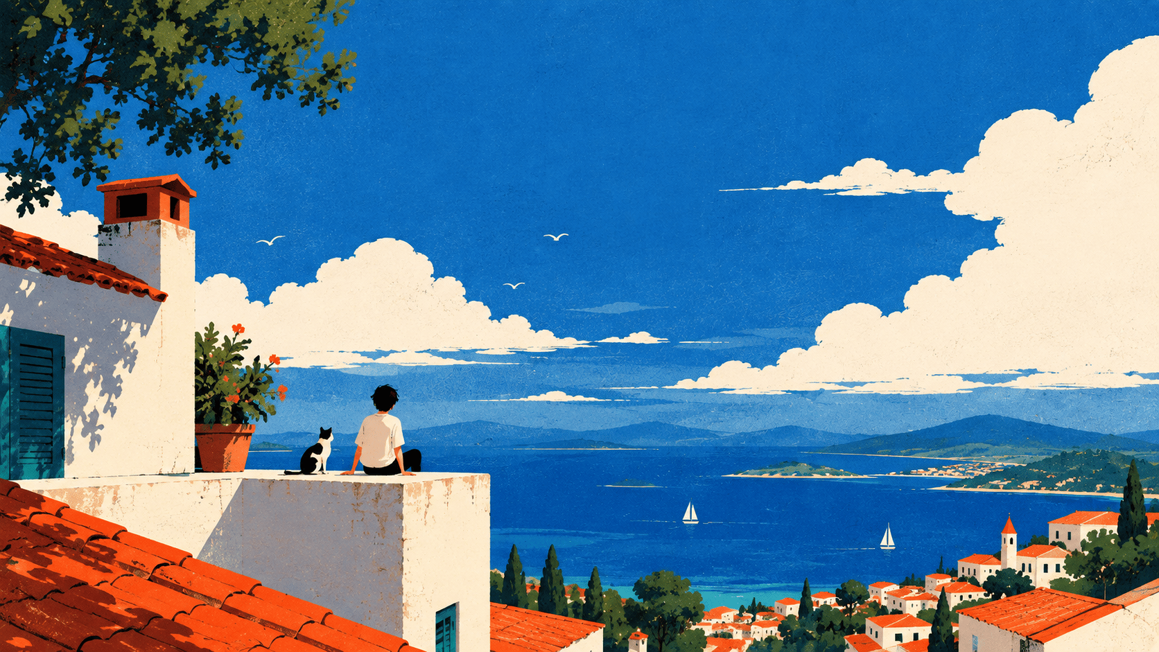 A poetic flat editorial illustration of a quiet rooftop beneath an enormous uninterrupted blue sky. A small person sits peacefully on the edge of a terracotta-red tiled rooftop beside a tiny black-and-white cat, while a simple cream-colored chimney rises nearby with a small puff of smoke drifting upward. Huge fluffy white clouds occupy different parts of the sky, drawn with delicate imperfect black contour lines and repeated curved strokes. The architecture is reduced to bold geometric shapes, coral-red roof, warm cream walls, dark green windows and small structural details. The person and cat remain tiny compared with the enormous sky, creating a feeling of solitude and calm. Vintage European magazine illustration, hand-cut shapes, flat colors, subtle screen-print misregistration, risograph grain and paper texture, 16:9 wide composition with large clean negative space for website hero typography, desktop wallpaper, no gradients, no photorealism, no 3D. Flat 2D editorial illustration, vintage travel poster, contemporary graphic design, hand-drawn ink details, bold geometric shapes, limited color palette, risograph / screen-print texture, subtle paper grain, slight ink imperfections, organic imperfect edges, sophisticated composition, strong negative space, tactile printed-paper feeling, no photorealism, no 3D, no glossy digital rendering, no watermark.