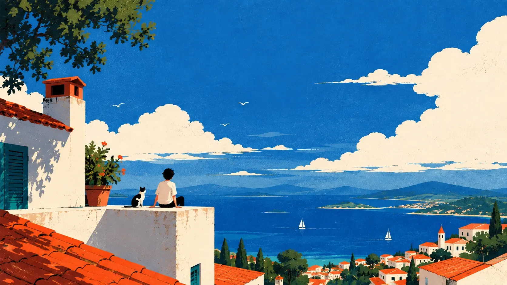 A poetic flat editorial illustration of a quiet rooftop beneath an enormous uninterrupted blue sky. A small person sits peacefully on the edge of a terracotta-red tiled rooftop beside a tiny black-and-white cat, while a simple cream-colored chimney rises nearby with a small puff of smoke drifting upward. Huge fluffy white clouds occupy different parts of the sky, drawn with delicate imperfect black contour lines and repeated curved strokes. The architecture is reduced to bold geometric shapes, coral-red roof, warm cream walls, dark green windows and small structural details. The person and cat remain tiny compared with the enormous sky, creating a feeling of solitude and calm. Vintage European magazine illustration, hand-cut shapes, flat colors, subtle screen-print misregistration, risograph grain and paper texture, 16:9 wide composition with large clean negative space for website hero typography, desktop wallpaper, no gradients, no photorealism, no 3D. Flat 2D editorial illustration, vintage travel poster, contemporary graphic design, hand-drawn ink details, bold geometric shapes, limited color palette, risograph / screen-print texture, subtle paper grain, slight ink imperfections, organic imperfect edges, sophisticated composition, strong negative space, tactile printed-paper feeling, no photorealism, no 3D, no glossy digital rendering, no watermark.