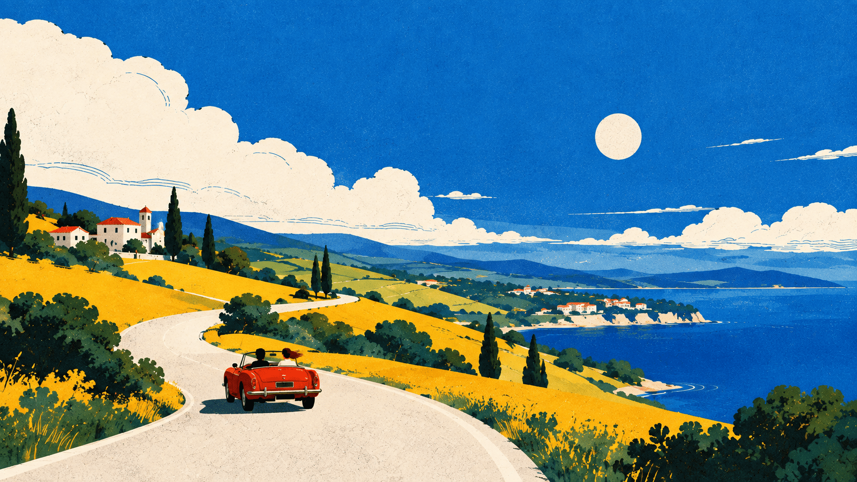 A bold mid-century editorial travel illustration of a tiny vintage red convertible driving along a dramatically winding cream-colored road. The road begins large in the bottom foreground and curves through enormous simplified golden-yellow fields before disappearing into distant blue hills. Broad flowing layers of cobalt blue, turquoise, yellow, orange and cream form the landscape like overlapping paper cutouts. A simple white circular sun hangs high in a clear blue sky, with a few minimal white clouds near the horizon. The car is intentionally tiny compared with the landscape, creating an expansive road-trip feeling. Strong graphic perspective, elegant sweeping curves, flat geometric shapes, vintage 1960s travel-poster aesthetic, slightly imperfect hand-drawn edges, subtle ink outlines, risograph printing texture, visible paper grain, 16:9 horizontal desktop wallpaper and website hero composition, no photorealism, no 3D rendering, no glossy gradients. Flat 2D editorial illustration, vintage travel poster, contemporary graphic design, hand-drawn ink details, bold geometric shapes, limited color palette, risograph / screen-print texture, subtle paper grain, slight ink imperfections, organic imperfect edges, sophisticated composition, strong negative space, tactile printed-paper feeling, no photorealism, no 3D, no glossy digital rendering, no watermark.