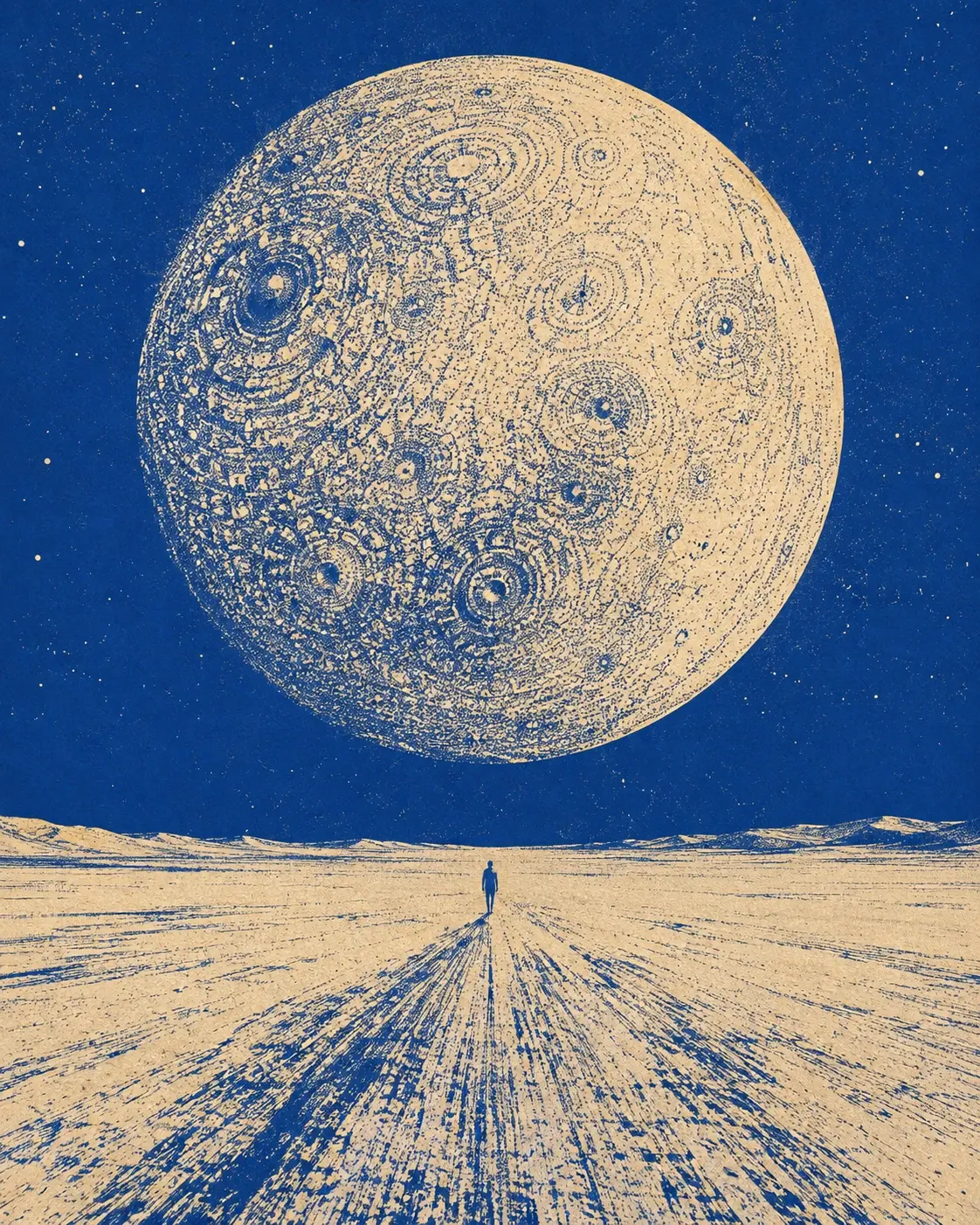 A surreal vintage print landscape showing one enormous cream-colored moon floating impossibly low above a barren ivory landscape, the moon occupying nearly half of the upper composition and rendered entirely with dense cobalt-blue stippling, rough halftone dots and circular hand-printed textures. The moon surface contains irregular concentric patterns resembling fingerprints, galaxies and orbital paths. Beneath it, a tiny solitary human figure walks across the empty landscape toward the moon. Long cobalt-blue textured shadows and radial marks stretch across the cream ground from the figure toward the horizon. The sky is saturated cobalt blue with sparse tiny cream stars. Extremely limited palette of cobalt blue and aged parchment cream. Distressed screen-print aesthetic, risograph grain, imperfect registration, coarse ink texture, broken stippling, rough edges, paper fibers, vintage poster printing, no gradients, no photorealism, no glossy digital appearance. Composition: 4:5 portrait, giant moon dominating the upper half, tiny figure near the lower center, vast empty landscape, strong sense of loneliness and cosmic scale.