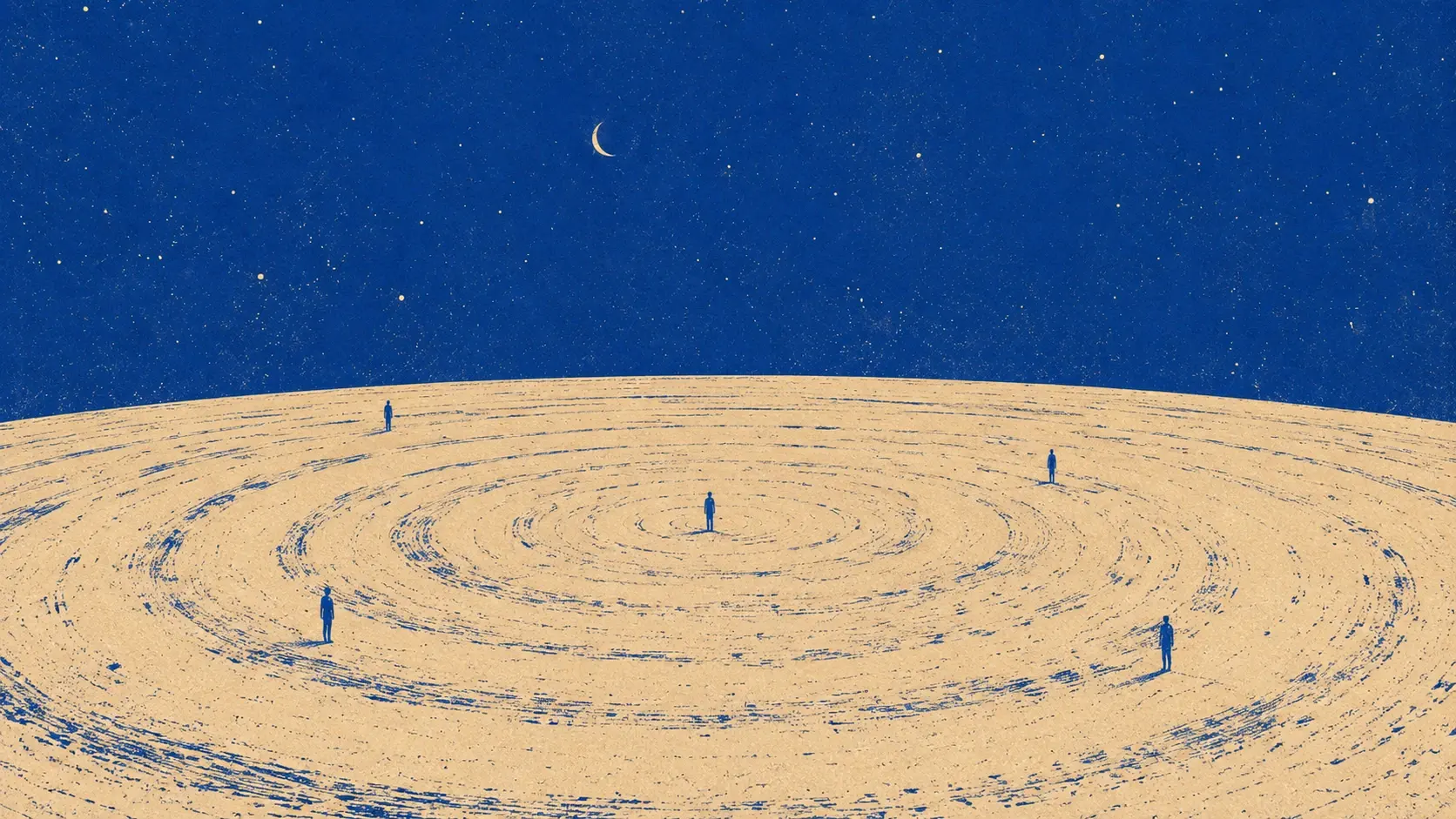 A surreal minimalist vintage print illustration showing five tiny human silhouettes standing at different points along enormous concentric orbital rings drawn across a completely empty warm ivory landscape. The rings are rendered in distressed cobalt-blue stippling and rough broken ink marks, becoming larger and more fragmented toward the outer edges. Each tiny human figure faces a different direction, creating a subtle narrative of isolated people occupying the same cosmic system. Above them is an enormous uninterrupted cobalt-blue sky filled with sparse tiny ivory stars and a small crescent moon. The perspective should make the landscape feel almost planetary, as though the people are standing on the surface of a giant celestial body. Two-color screen-print aesthetic, aged parchment paper, cobalt ink, rough halftone dots, stippling, dry-brush marks, uneven ink density, imperfect printing registration, subtle paper fibers, distressed analog texture, minimalist surrealism, existential editorial poster, no gradients, no photorealism, no 3D, no text. Composition: 16:9 wide landscape, concentric rings dominating the lower half, tiny figures distributed carefully across the rings, enormous cobalt sky above.