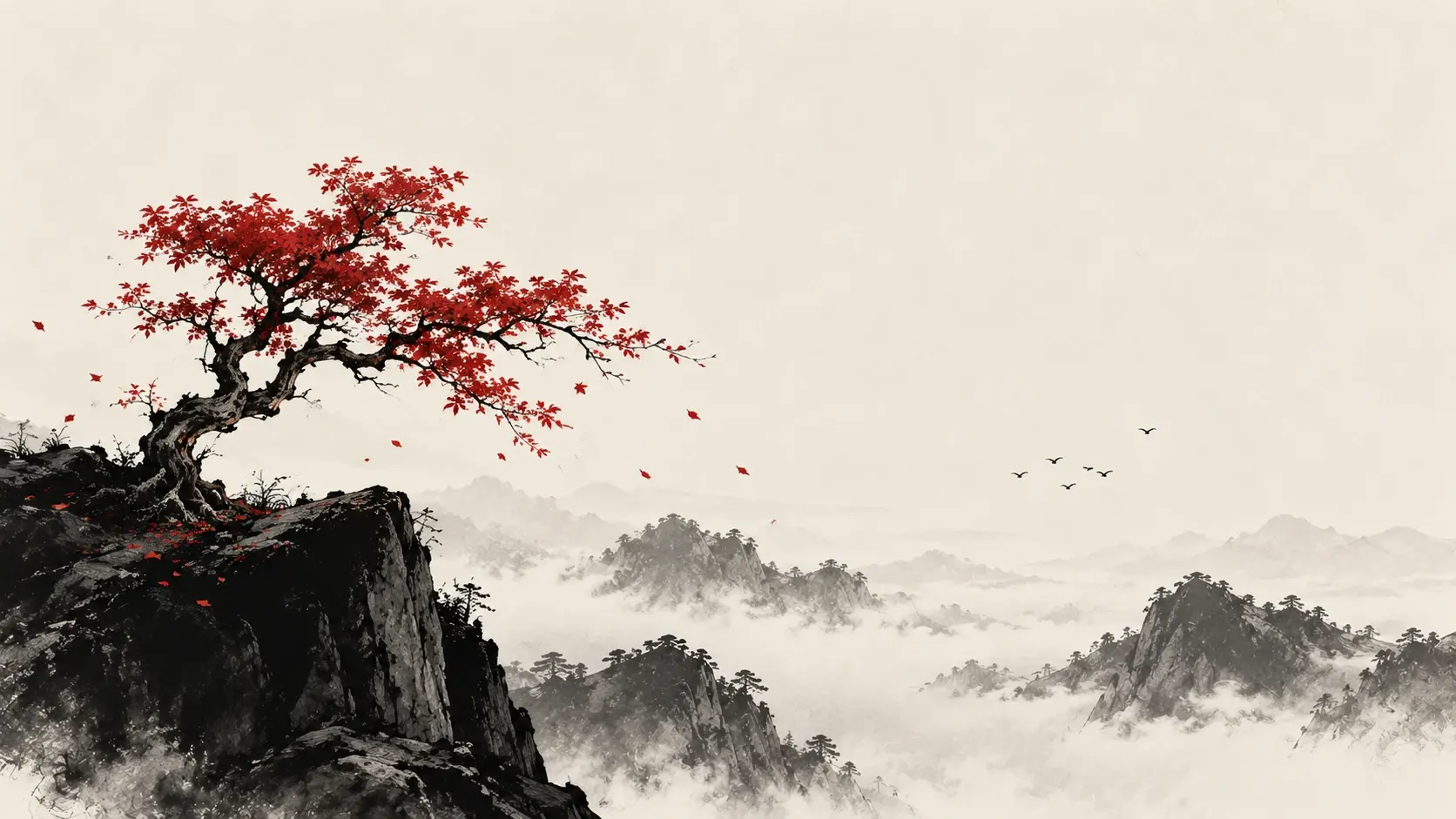 A solitary twisted pine tree with sparse cinnabar-red leaves standing on a black rocky ridge. Faint mountain silhouettes dissolve into an ivory mist. Expressive Chinese brushwork, charcoal textures, delicate branches, limited red-and-black palette, poetic atmosphere, generous negative space.