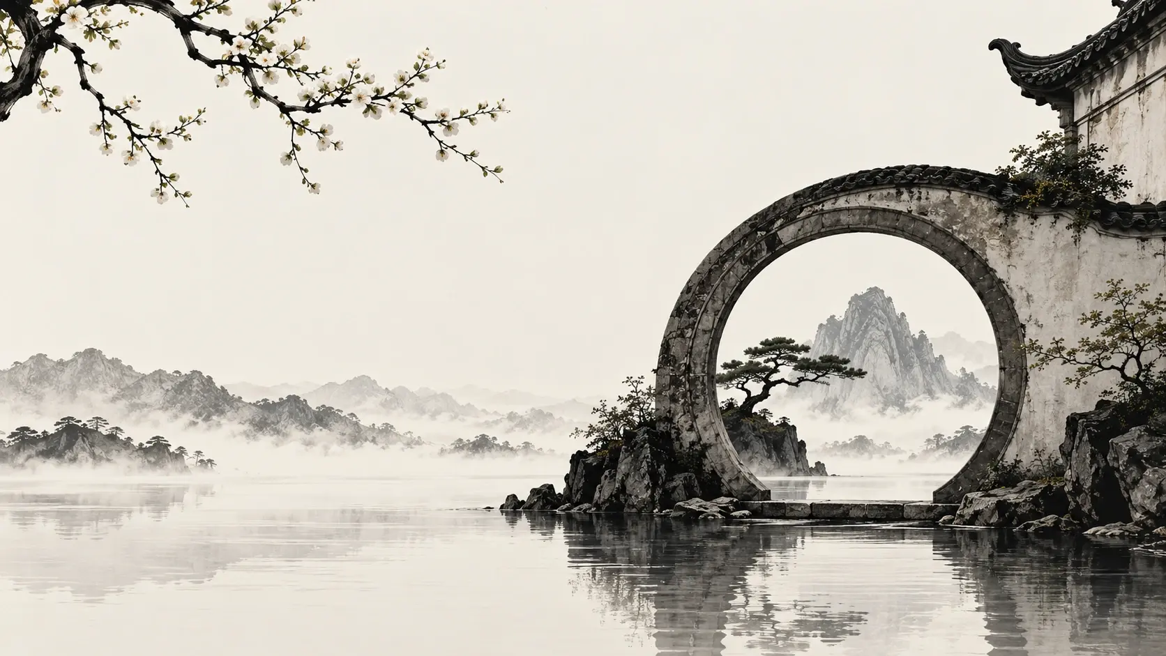 A weathered circular Chinese stone moon gate beside a still lake, framing a distant mountain and a tiny pine tree. Minimal architectural landscape, charcoal outlines, pale ink reflections, warm ivory background, subtle stone textures, balanced asymmetry, quiet luxury, refined Chinese-inspired art.