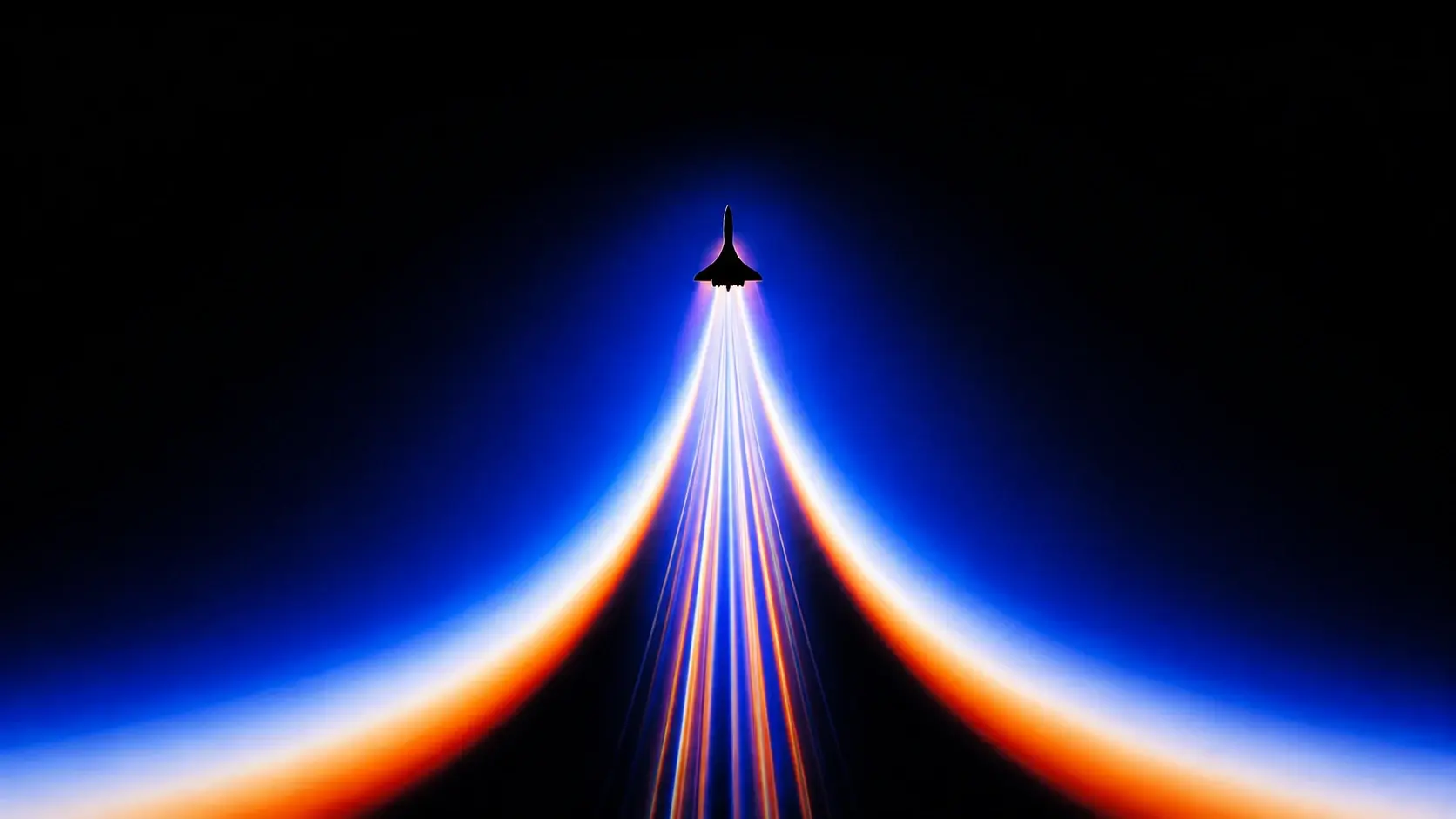 Minimal surreal landscape of a tiny futuristic spacecraft racing across an infinite black-blue environment, dozens of ultra-thin luminous trails extending from the aircraft toward the foreground, parallel lines in electric blue, lavender, white, orange and subtle red, trails becoming wider and softer near the viewer, deep cobalt background, strong central perspective, glowing edges, optical bloom, chromatic aberration, dreamy analog texture, futuristic minimalism, cinematic negative space, 16:9. STYLE LOCK: surreal retro-futuristic aviation photography, extreme minimalism, enormous negative space, tiny subject against monumental scale, electric cobalt blue and deep indigo palette, black voids, luminous white cores, orange and magenta chromatic fringes, long-exposure light trails, smooth atmospheric gradients, heavy optical bloom, soft diffusion, slight chromatic aberration, subtle analog film grain, dreamy experimental photography, high contrast, abstract geometric perspective, no realistic environment, no text, no UI, no stars, cinematic composition