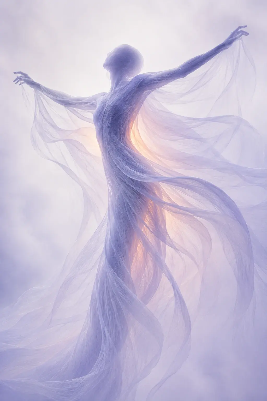 Vertical 2:3 surreal editorial fine-art image, a tall abstract human-like figure standing almost upright in the center with both arms extended dramatically outward, hands elongated and dissolving into fine filament strands, smooth featureless rounded head, slender torso widening subtly through the hips and flowing into a long translucent lower extension, enormous veil-like structures stretching from both hands and sweeping behind the figure in asymmetric arcs, creating the impression of an expanding invisible force, thousands of individually visible ultra-fine fibers tracing every gesture, #8C92B2 dusty periwinkle dominant, deep #343850 concentrated on the torso and inner folds, #F2F2F3 luminous pale atmospheric background, soft #FFC39A peach light glowing through the center of the body and behind the ribs, tiny restrained #FF7A18 orange accent buried deep within the torso, #0A0A0C only as an almost invisible recess, translucent layered fibers, soft fog, diffuse backlight, subtle bloom, delicate analog grain, ethereal contemporary fashion-editorial aesthetic, elegant proportions but intentionally non-human anatomy, no identifiable face, no clothing, no objects, no text, no colors outside the six-color palette.