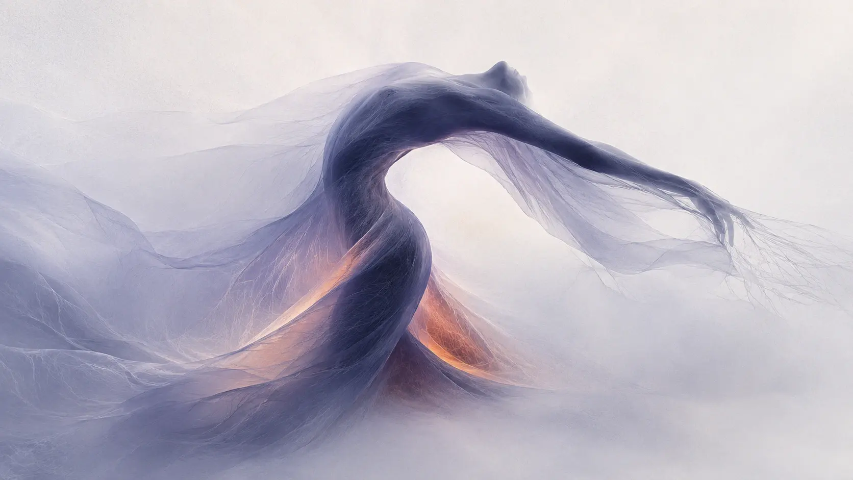 Wide 16:9 surreal fine-art photograph, a solitary elongated human-like figure emerging from a misty field of translucent fibers, the entire body forming a dramatic curved S-shaped structure that rises from the lower left and arches toward the upper right, head reduced to an abstract rounded form with no facial features, torso narrowing into an impossibly elegant neck and sweeping upper extension, delicate filament strands trailing from the far end like loose threads in air, body partially dissolving into the surrounding atmosphere, #8C92B2 dusty periwinkle dominant, deep #343850 shaping the central curved silhouette and underside, #F2F2F3 nearly white background and translucent layers, soft #FFC39A illumination emerging from beneath the torso, tiny #FF7A18 glow hidden inside the lower fold, almost no #0A0A0C except a minute recessed shadow, extremely fine directional fibers, soft diffusion, atmospheric depth, dreamy pale lighting, subtle film grain, ethereal luxury editorial photography, no realistic anatomy, no clothing, no objects, no extra colors.