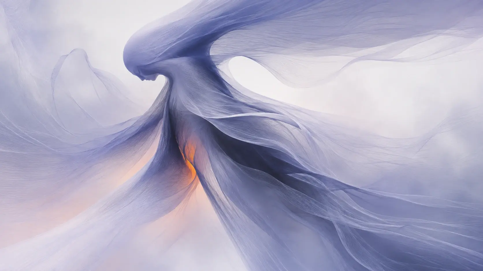 Wide 16:9 surreal editorial artwork, an abstract human-like figure rising from a central point and spreading outward into enormous sweeping translucent extensions, the head reduced to a smooth featureless rounded shape, shoulders flowing into broad wing-like membranes that stretch beyond both sides of the frame, torso tapering into a narrow luminous core, lower body dissolving into a soft field of fibers, the silhouette suggesting a mythical creature without becoming literal, deep #343850 indigo concentrated around the central figure and underside of the wings, #8C92B2 dusty periwinkle covering the flowing extensions, #F2F2F3 luminous pale atmosphere, delicate #FFC39A peach emerging from behind the torso, tiny #FF7A18 orange glow at the central lower crease, #0A0A0C nearly absent, extremely fine parallel fibers visible throughout every surface, soft translucent layers overlapping one another, gentle atmospheric blur, luminous backlight, delicate analog grain, ethereal luxury editorial photography, no literal wings, no feathers, no clothing, no objects, no text, no colors outside the palette.