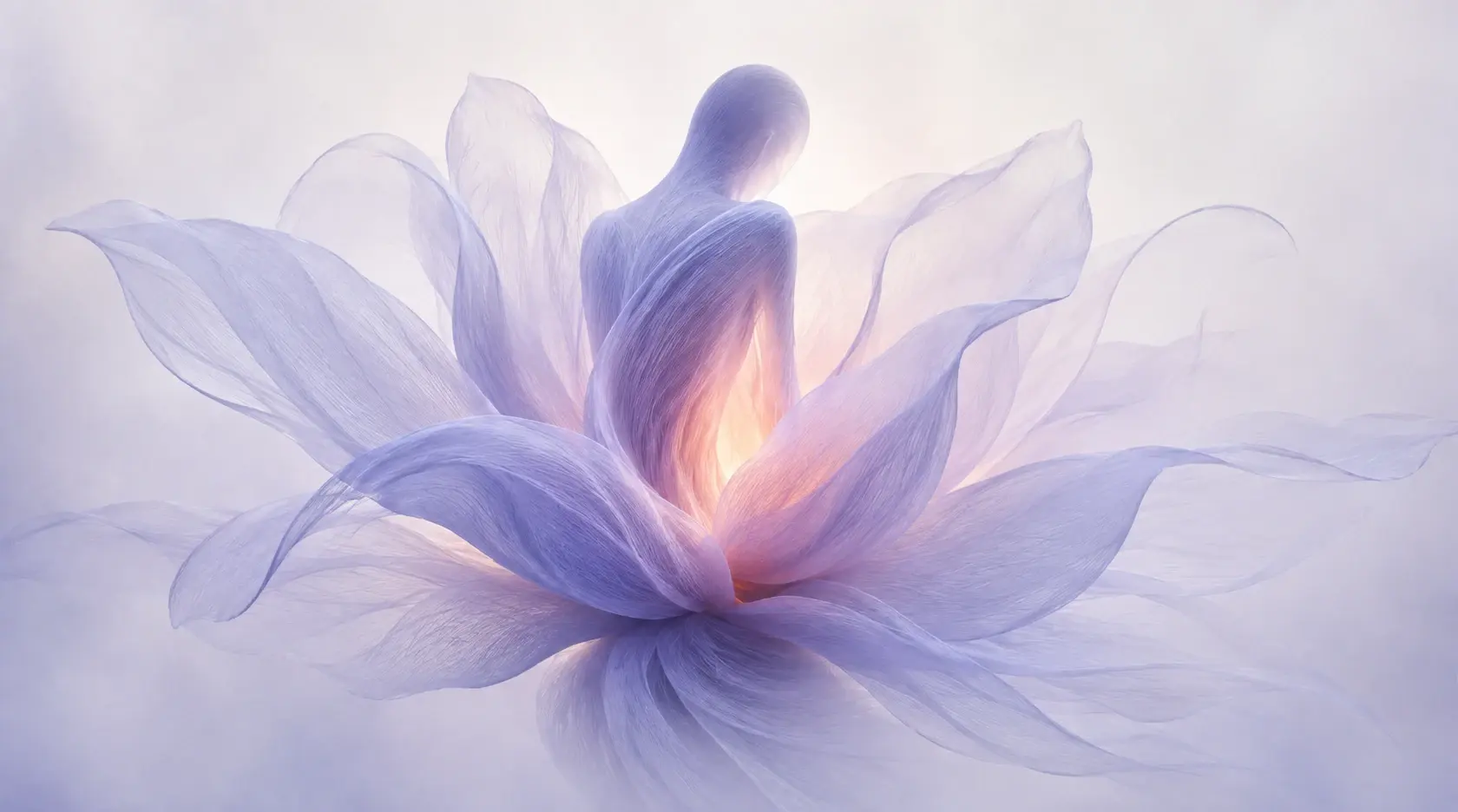 Wide 16:9 surreal editorial fine-art image, a large ethereal flower-like structure emerging from a central abstract human figure, the figure standing upright inside the bloom with a smooth featureless head and elongated torso, enormous translucent petal-like forms radiating outward from the body, each petal constructed from thousands of ultra-fine parallel fibers rather than solid material, several petals curling and overlapping asymmetrically, the human form partially merging into the flower so that the distinction between body and petals becomes ambiguous, #8C92B2 dusty periwinkle dominant, deep #343850 shaping the central figure and lower folds, #F2F2F3 pale luminous atmosphere, restrained #FFC39A peach glowing from the interior of the torso and between petals, tiny #FF7A18 orange core buried at the center, almost no #0A0A0C except the deepest crease, soft translucent edges, delicate backlighting, atmospheric haze, subtle grain, dreamy botanical-surrealism without literal realism, premium contemporary art photography, no real flower texture, no clothing, no objects, no text, no additional colors.