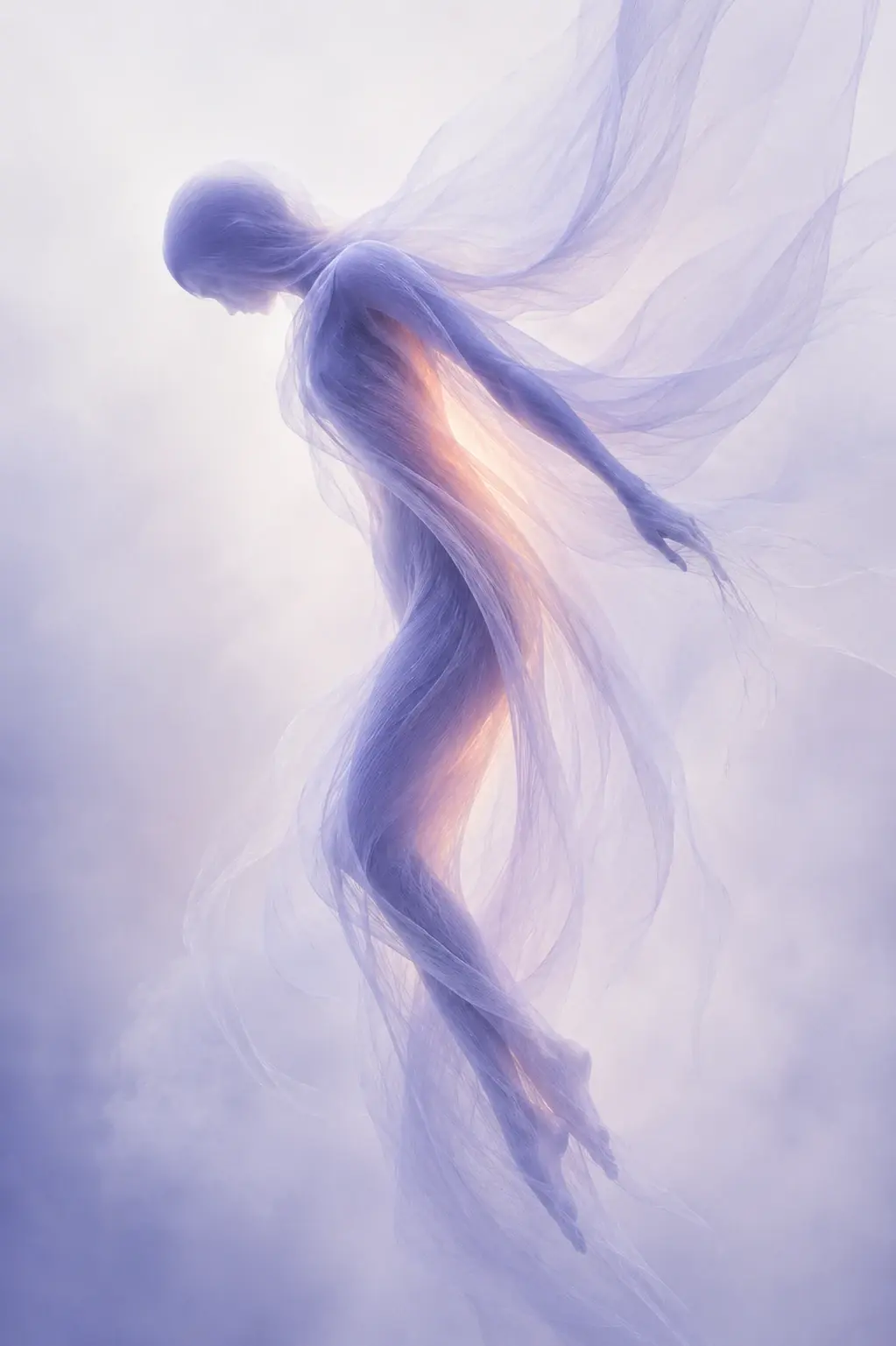 Vertical 2:3 surreal fine-art photograph, a solitary elongated human-like silhouette leaning diagonally forward as though slowly falling or floating through air, head lowered and completely featureless, extremely narrow torso curving into a long elegant S-shaped body, one arm extending backward and dissolving into translucent threads, legs tapering downward into an almost invisible filament trail, a huge veil-like structure flowing from the upper back toward the upper right of the frame, body appearing constructed entirely from thousands of fine directional fibers, #8C92B2 dusty periwinkle dominant, #343850 concentrated along the central body and inner curvature, #F2F2F3 luminous pale background, subtle #FFC39A glow running vertically through the torso and hip area, extremely restrained #FF7A18 orange hidden beneath one translucent layer, #0A0A0C almost completely absent, soft atmospheric fog, delicate translucent membranes, gentle bloom, low contrast, subtle analog grain, elegant melancholic editorial mood, lots of negative space, no realistic skin, no clothing, no objects, no text, no extra colors.