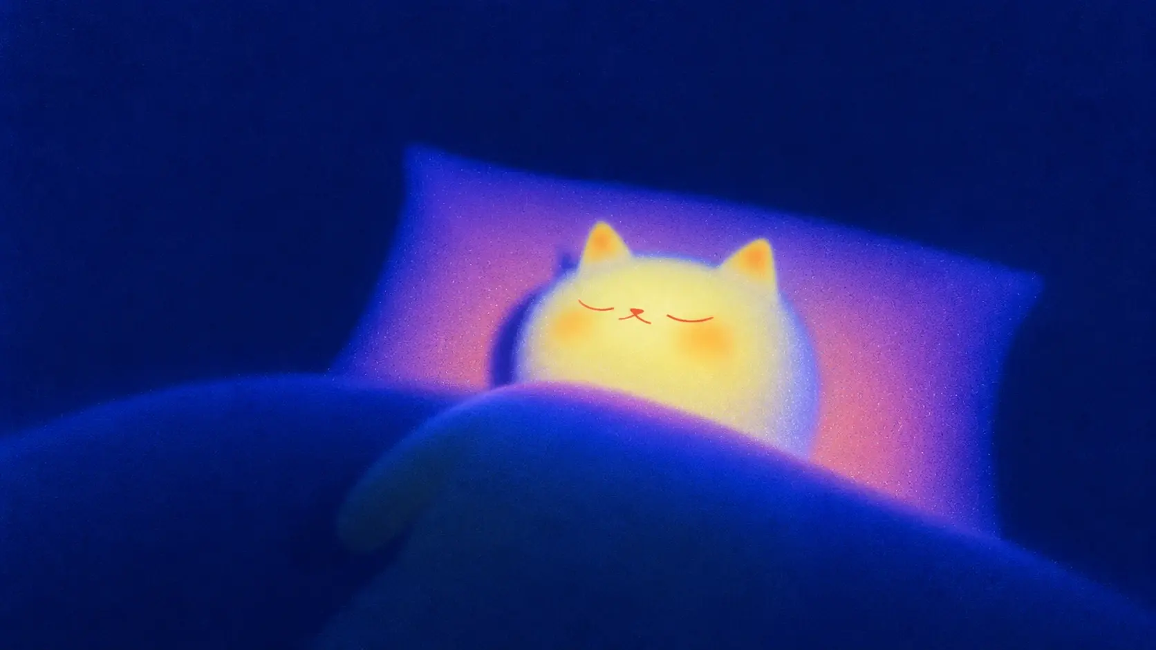 16:9 landscape, surreal minimalist image of a plump pale yellow cat sleeping peacefully in the lower center of a dark navy-blue bed, only its rounded head and upper body visible above an oversized deep blue blanket, enormous soft lavender-pink pillow behind it, cat glowing subtly with warm yellow and peach light, tiny closed eyes and simple curved mouth, almost completely empty dark-blue space surrounding the bed, strong soft-focus blur, hazy edges, subtle blue-violet bloom, visible fine film grain and dusty speckled texture, low-resolution dreamy photographic feeling, simple flat forms, strange quiet composition, no realistic fur, no detailed room, no text, no polished 3D look.