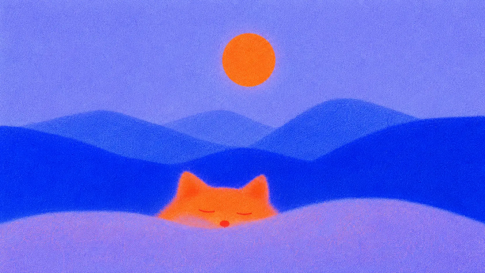 16:9 landscape, minimalist surreal color illustration of a tiny glowing orange cat sleeping almost completely hidden behind a large pale lavender foreground hill, only its oversized pointed ears, closed eyes and tiny red-orange nose visible, several enormous simplified rolling hills layered horizontally behind it in different shades of cobalt blue, electric blue and periwinkle, perfectly flat warm orange sun floating in the upper sky, huge areas of empty pale lavender-blue atmosphere, strong orange-blue contrast, slightly irregular shapes, dense halftone grain and fine analog noise covering every surface, soft dusty edges, dreamy risograph-like texture, nostalgic experimental editorial artwork, no realism, no detailed scenery, no text.
